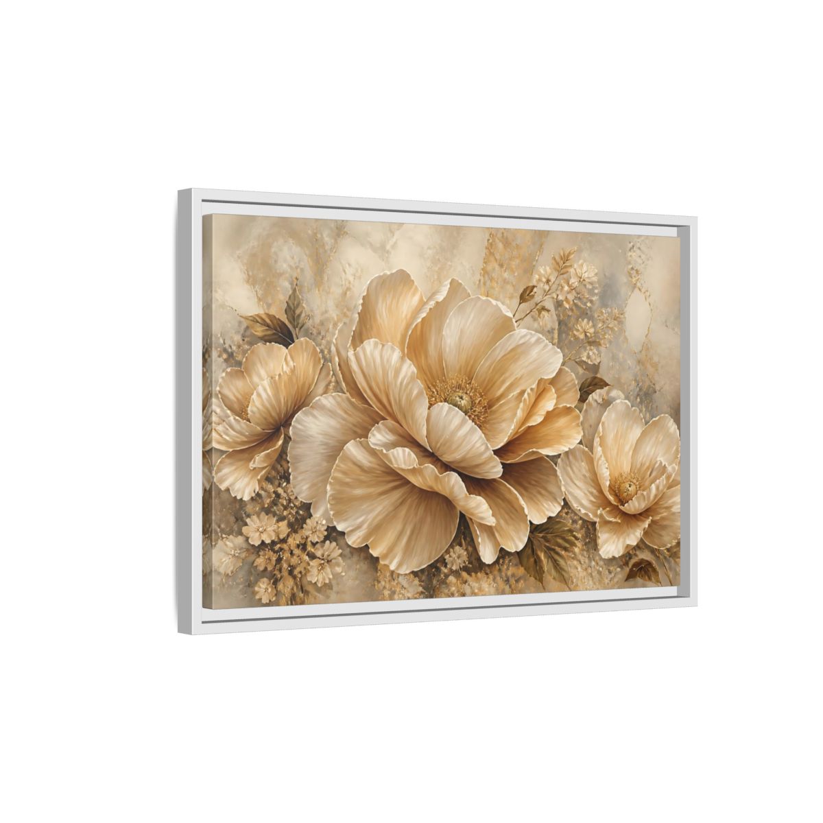 Side Mockup 1. Champagne Floral Elegance shown as framed canvas print