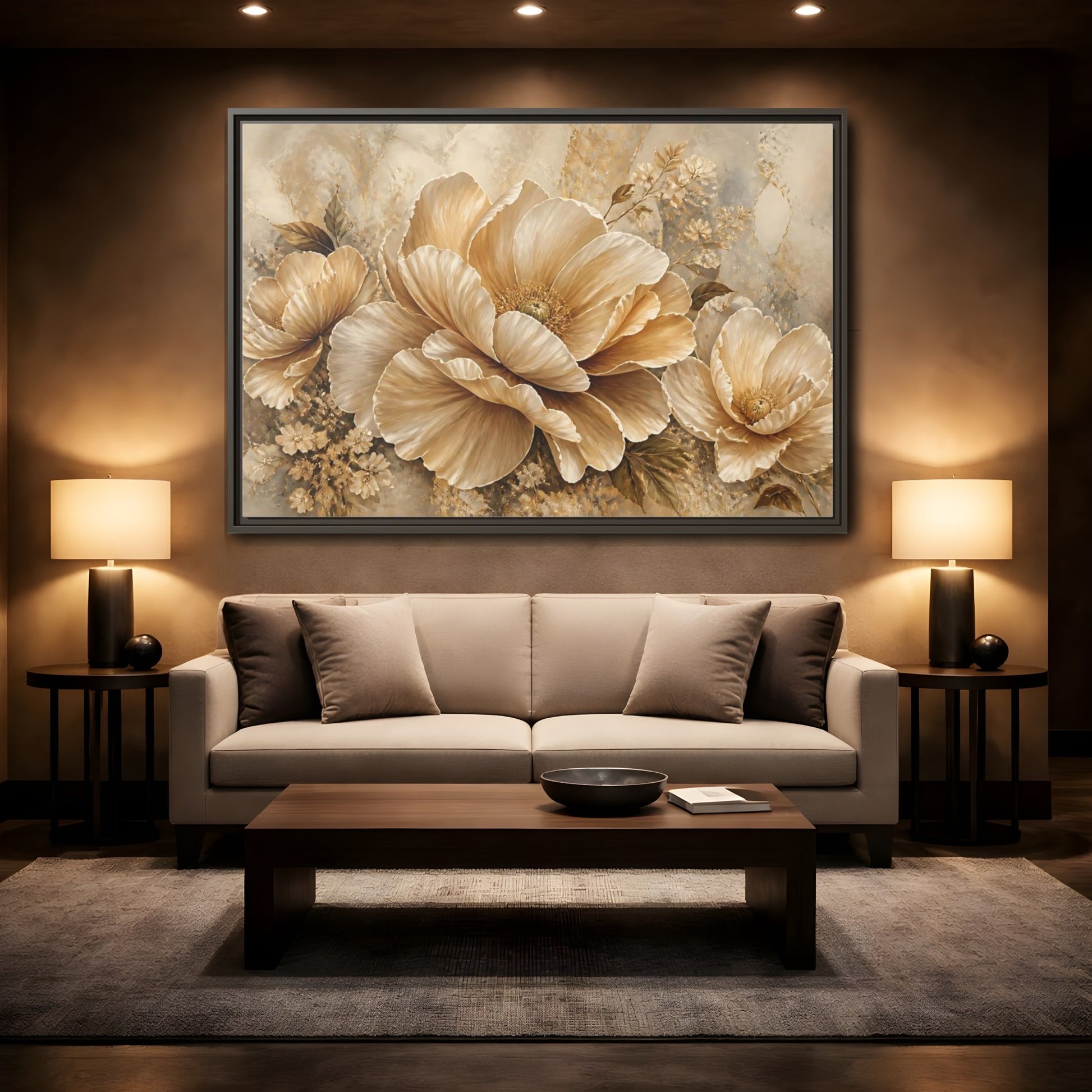 Mockup 2. Champagne Floral Elegance shown as framed canvas print