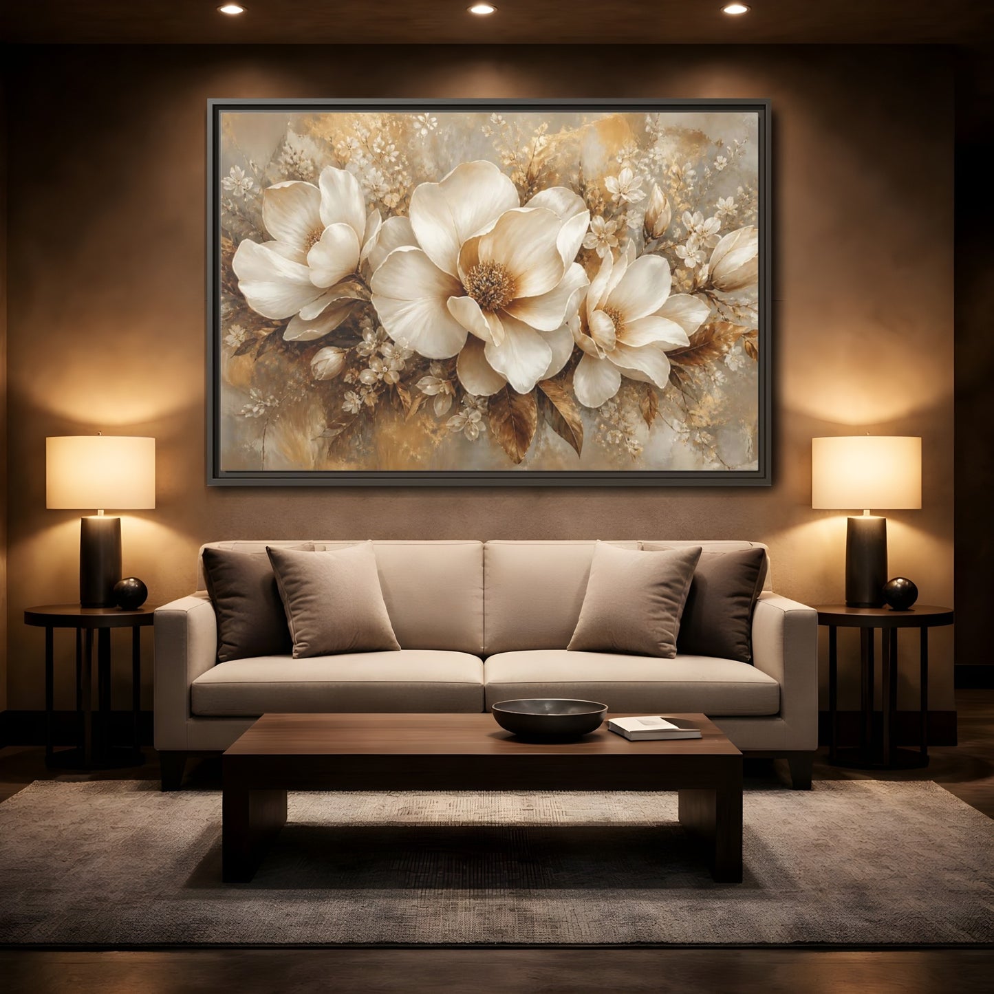 Mockup 2. Champagne Floral Elegance shown as framed canvas print