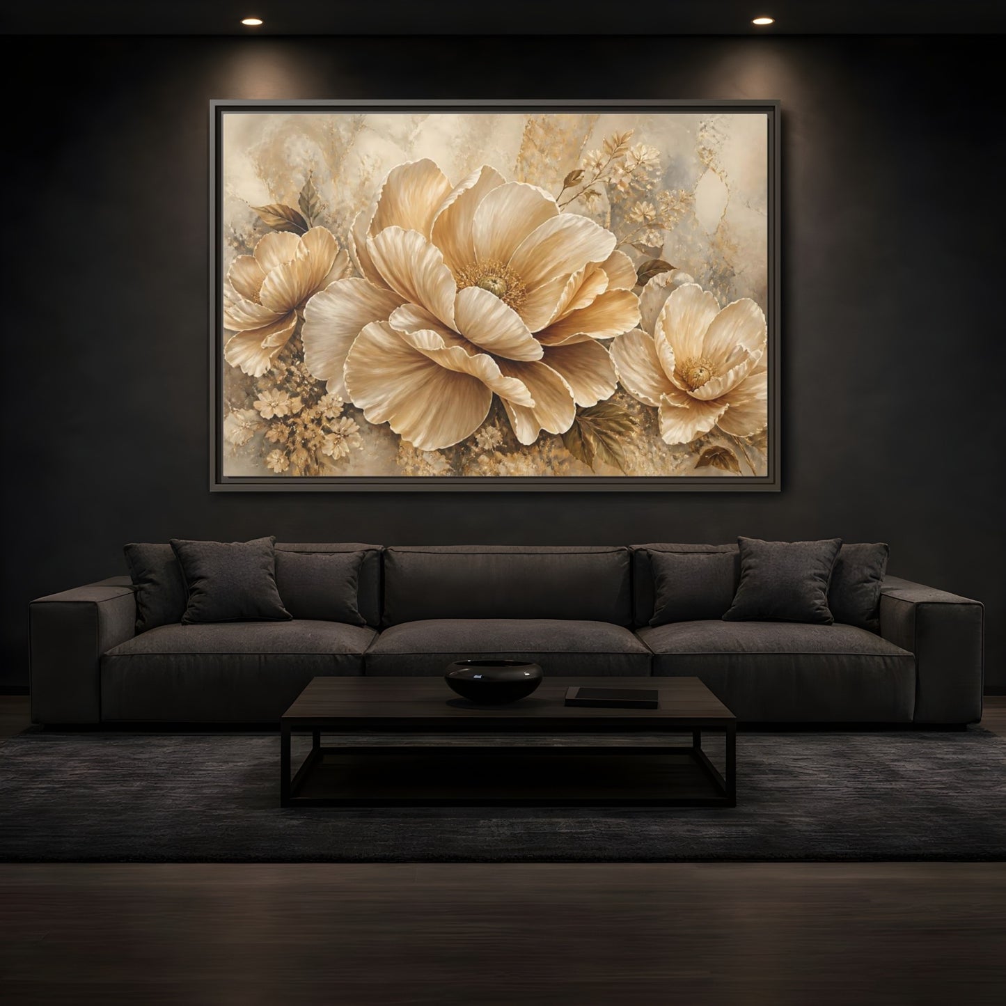 Mockup 3. Champagne Floral Elegance shown as framed canvas print