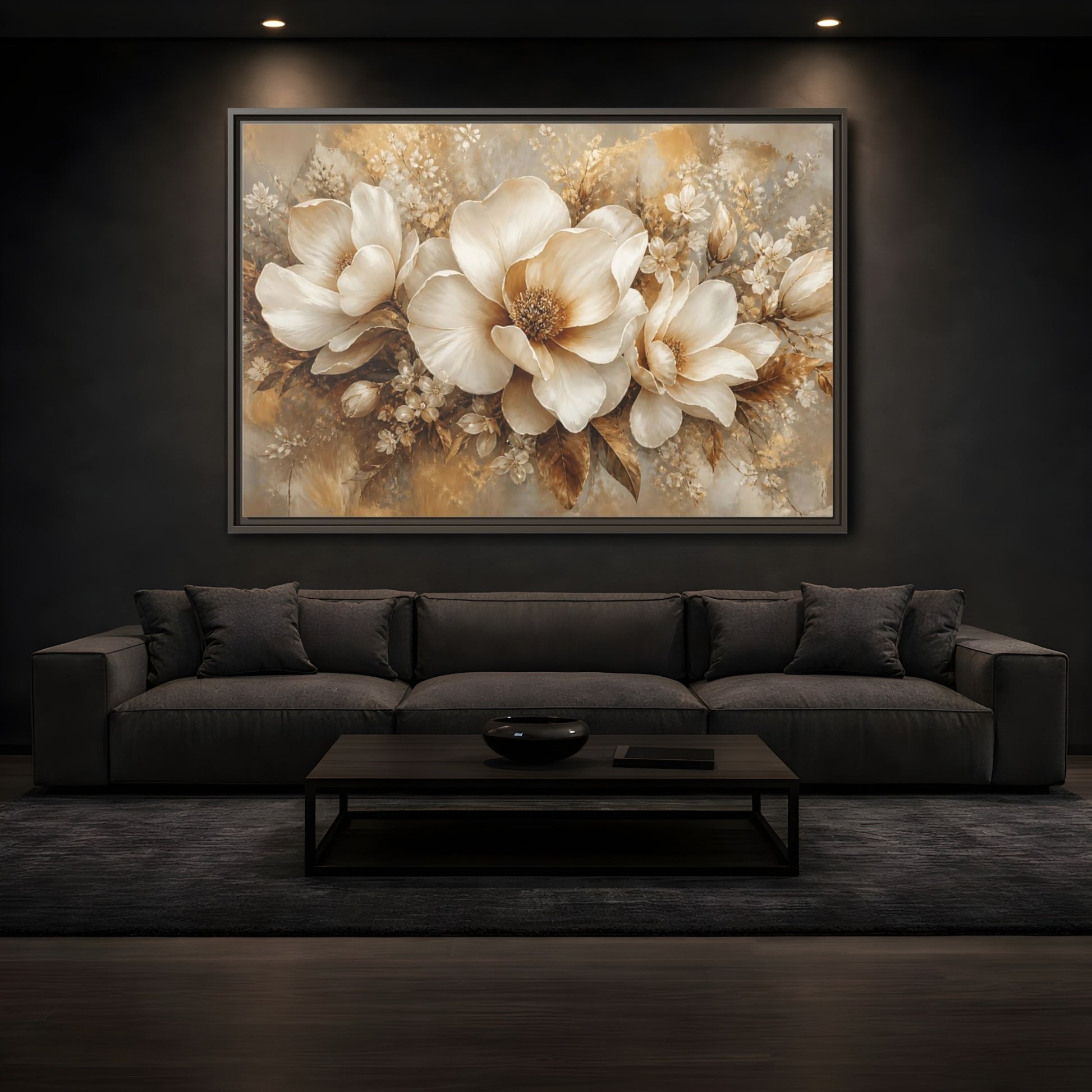 Mockup 3. Champagne Floral Elegance shown as framed canvas print