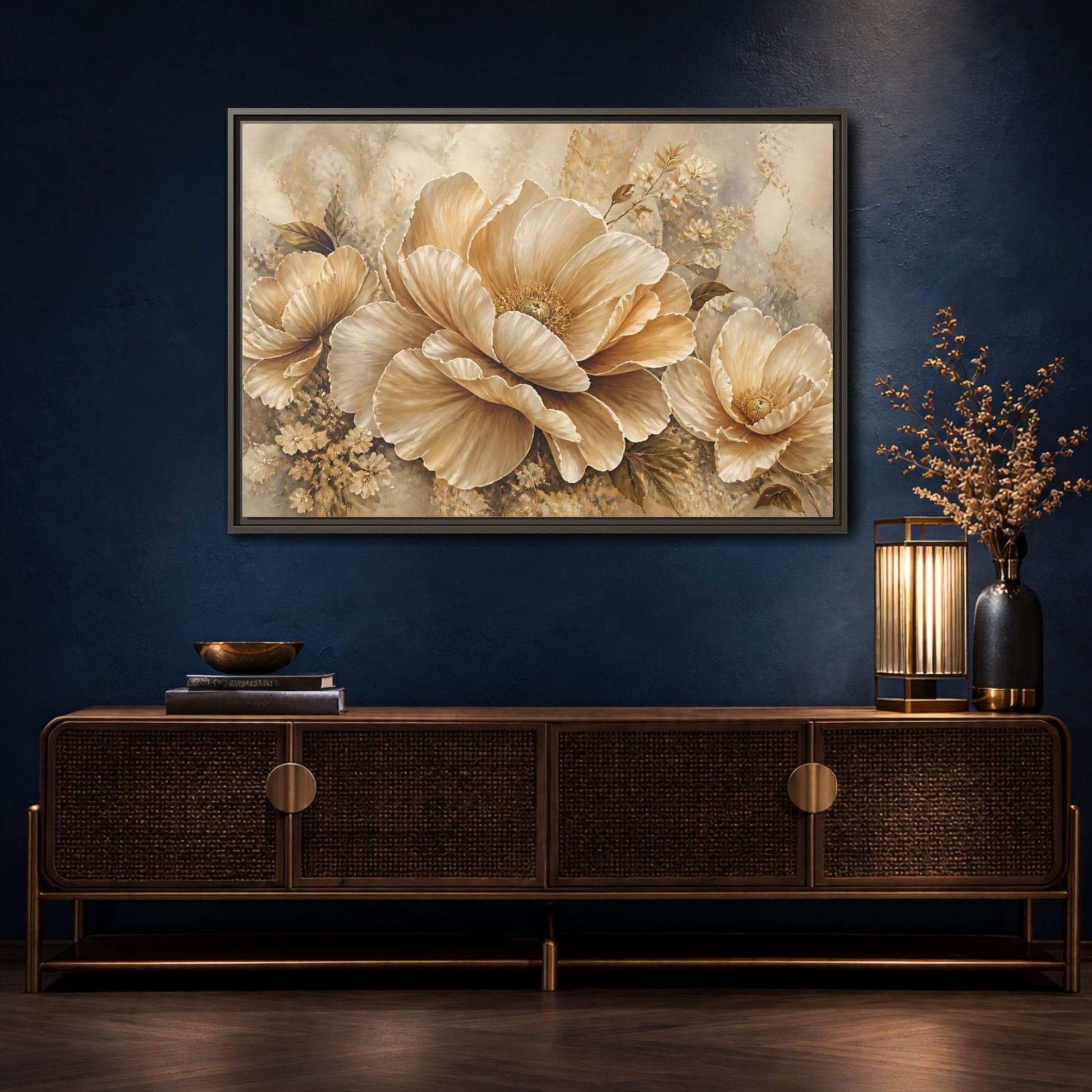 Mockup 4. Champagne Floral Elegance shown as framed canvas print