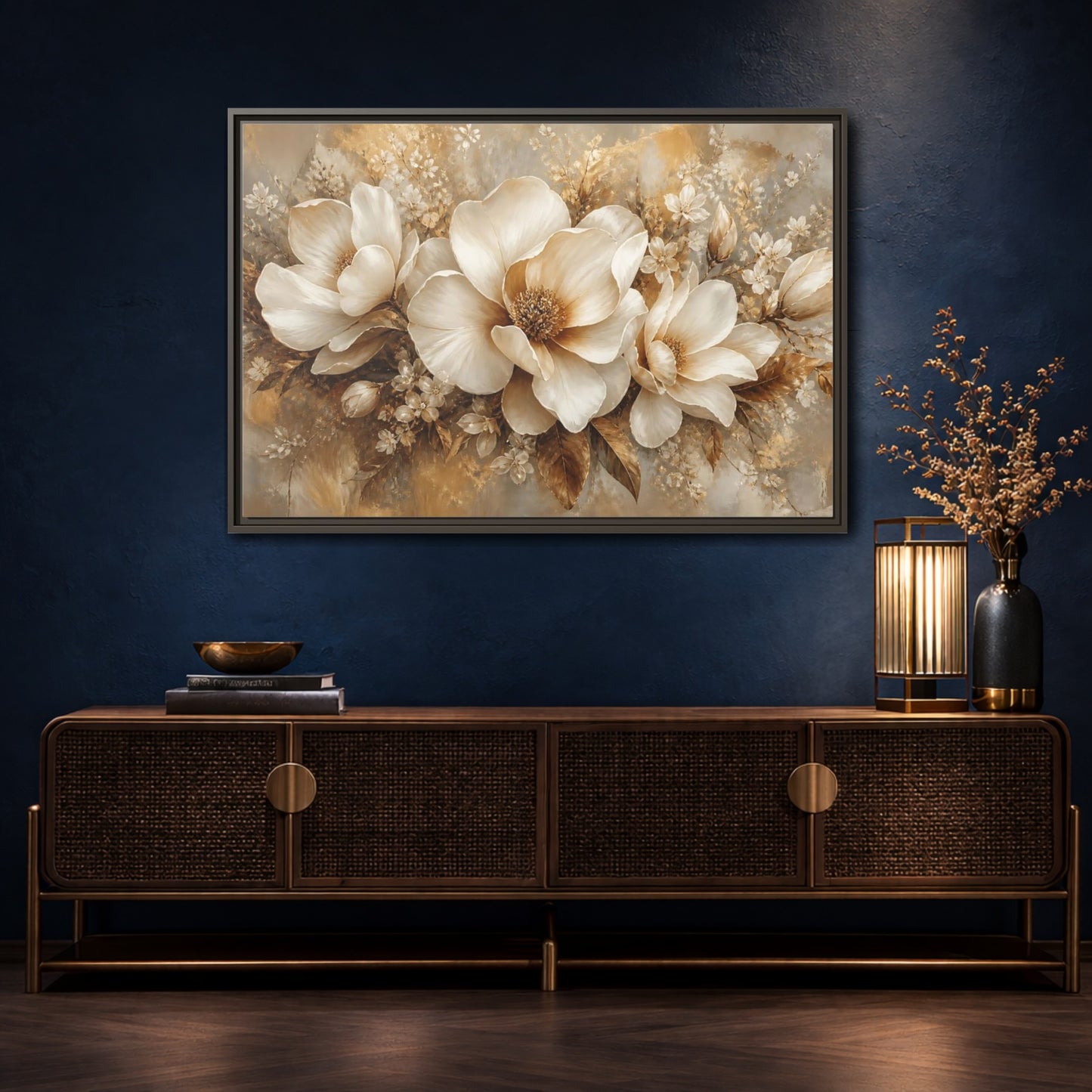Mockup 4. Champagne Floral Elegance shown as framed canvas print