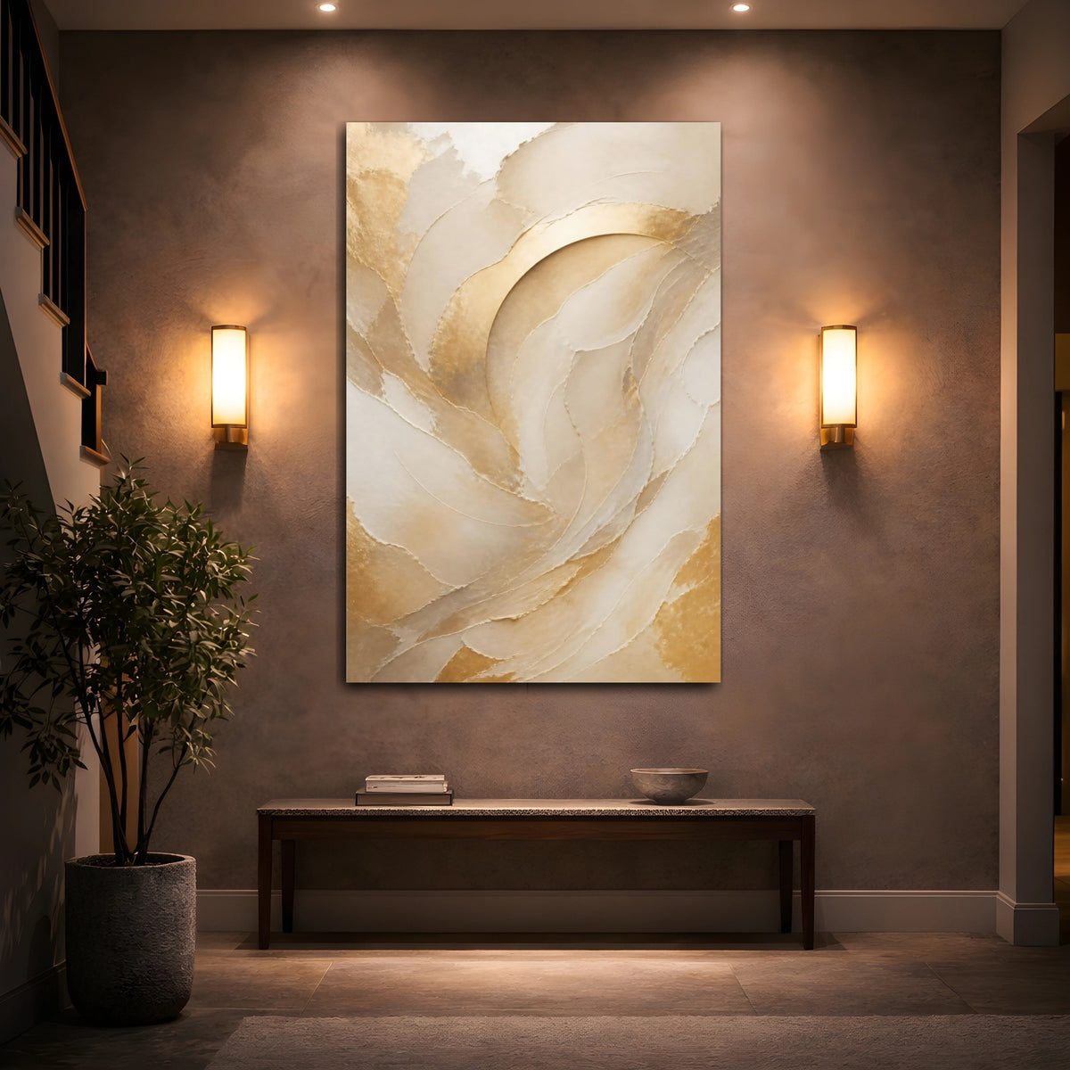 Mockup 2. Champagne Gold Abstract Arcs shown as canvas print