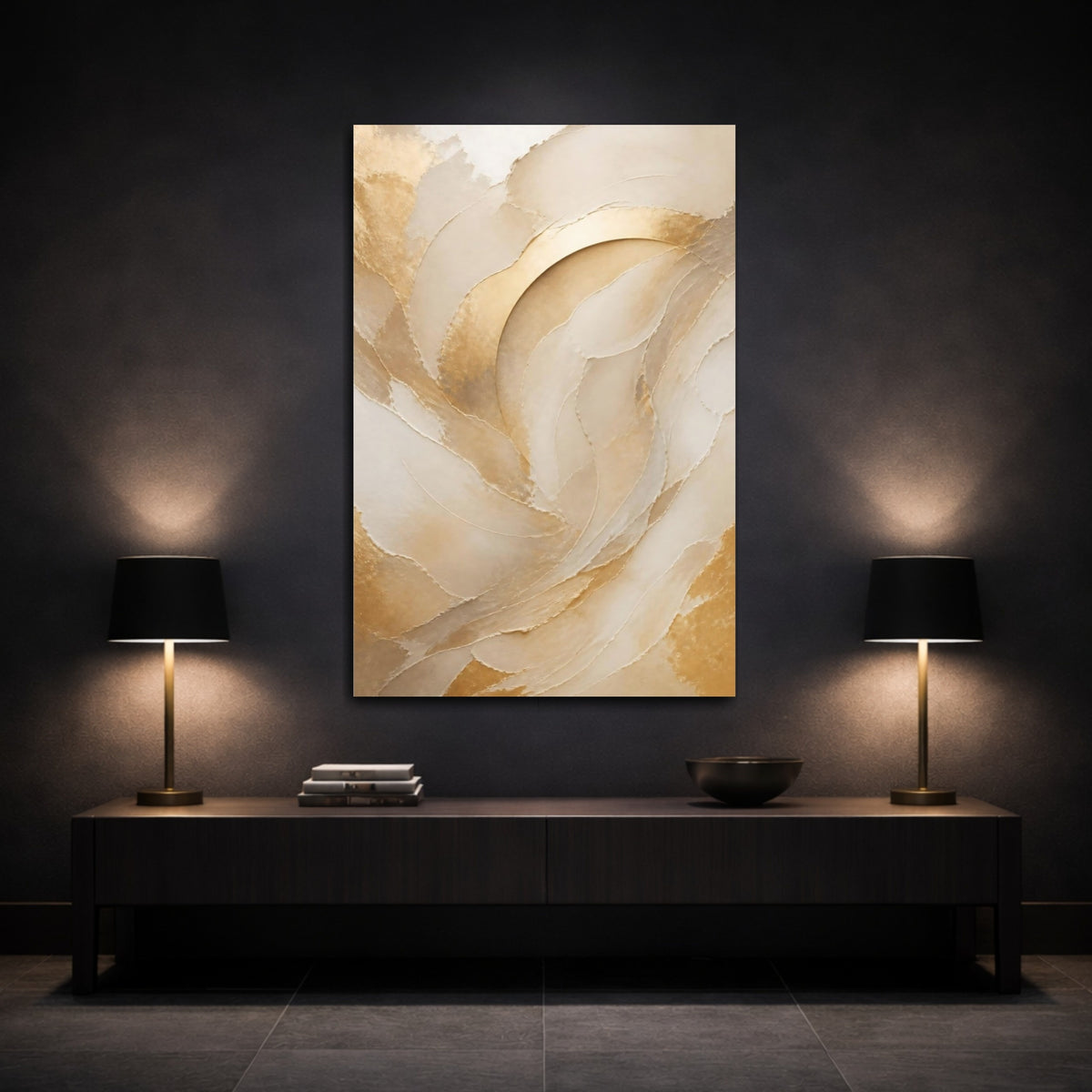Mockup 3. Champagne Gold Abstract Arcs shown as canvas print