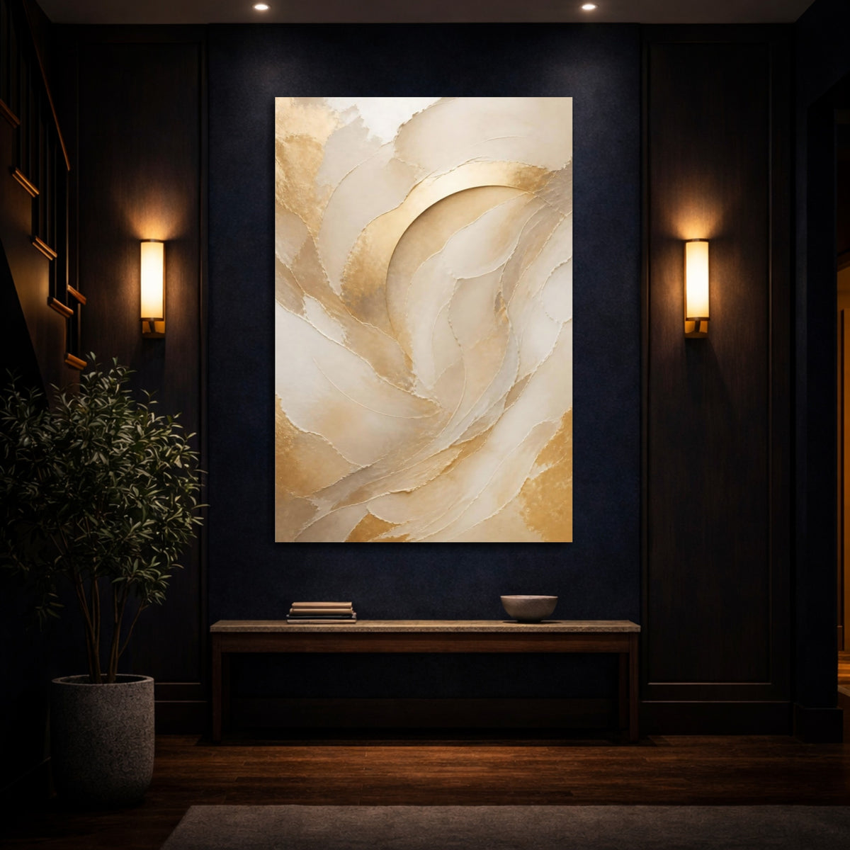 Mockup 4. Champagne Gold Abstract Arcs shown as canvas print