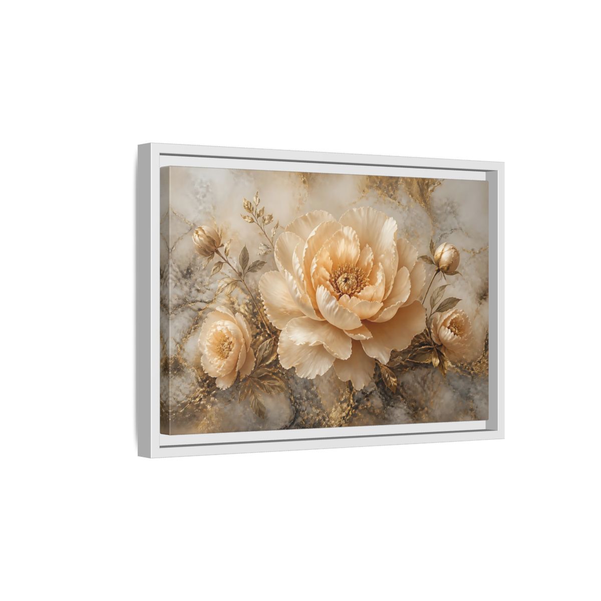 Side Mockup 4. Champagne Peony Bloom shown as framed canvas print