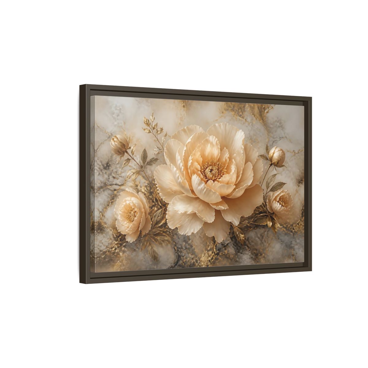 Side Mockup 2. Champagne Peony Bloom shown as framed canvas print