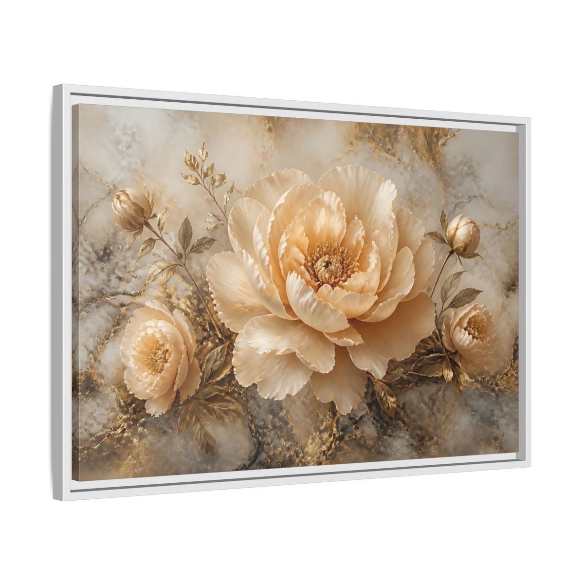 Side Mockup 10. Champagne Peony Bloom shown as framed canvas print