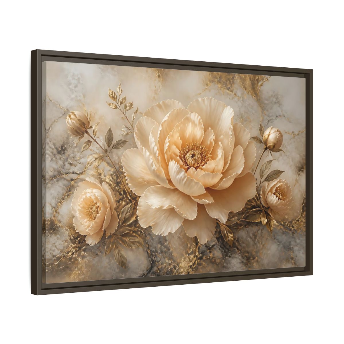 Side Mockup 11. Champagne Peony Bloom shown as framed canvas print