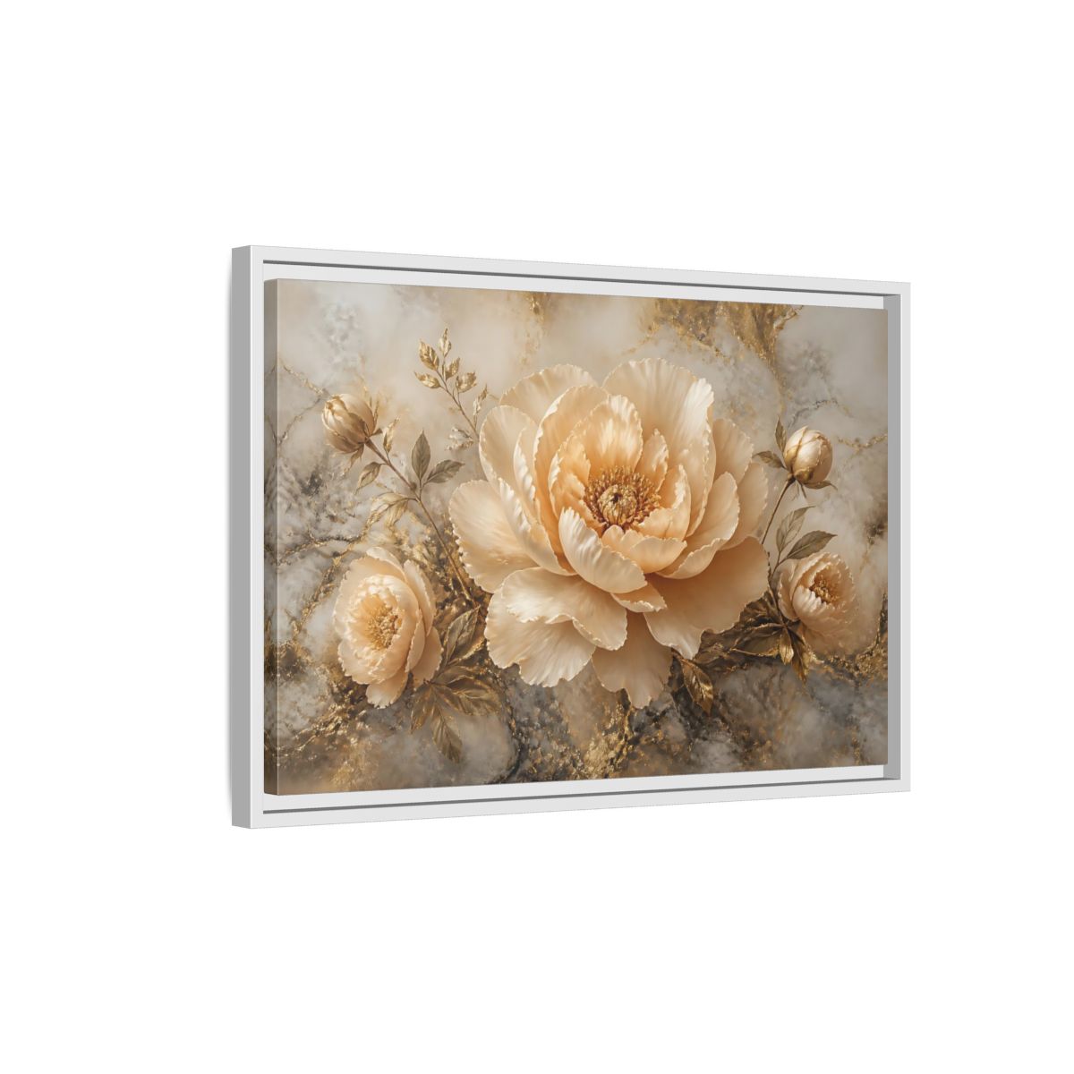 Side Mockup 1. Champagne Peony Bloom shown as framed canvas print