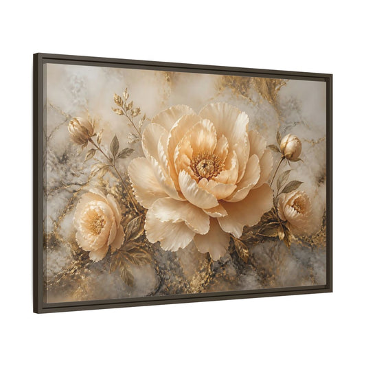 Main Mockup. Champagne Peony Bloom shown as framed canvas print