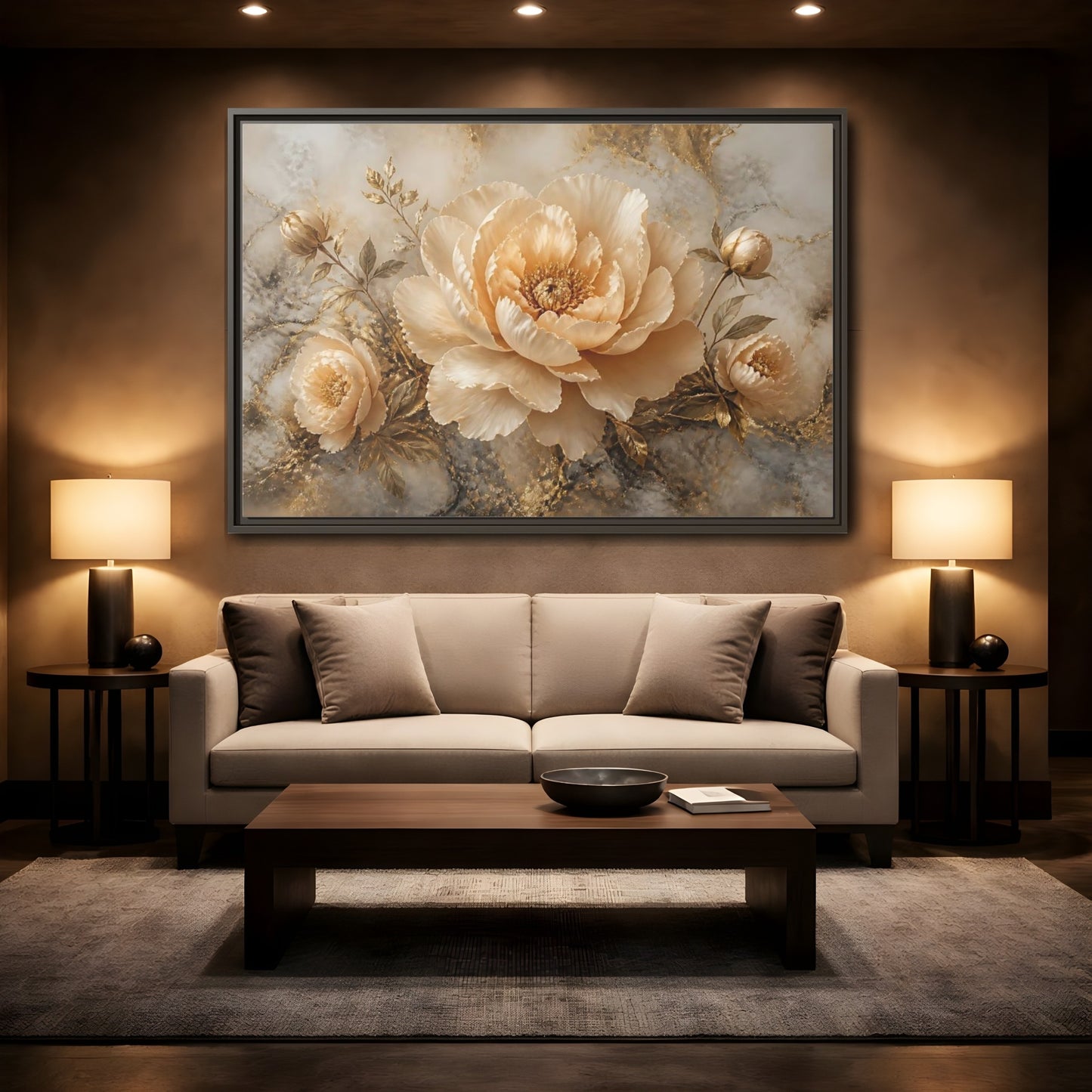 Mockup 2. Champagne Peony Bloom shown as framed canvas print