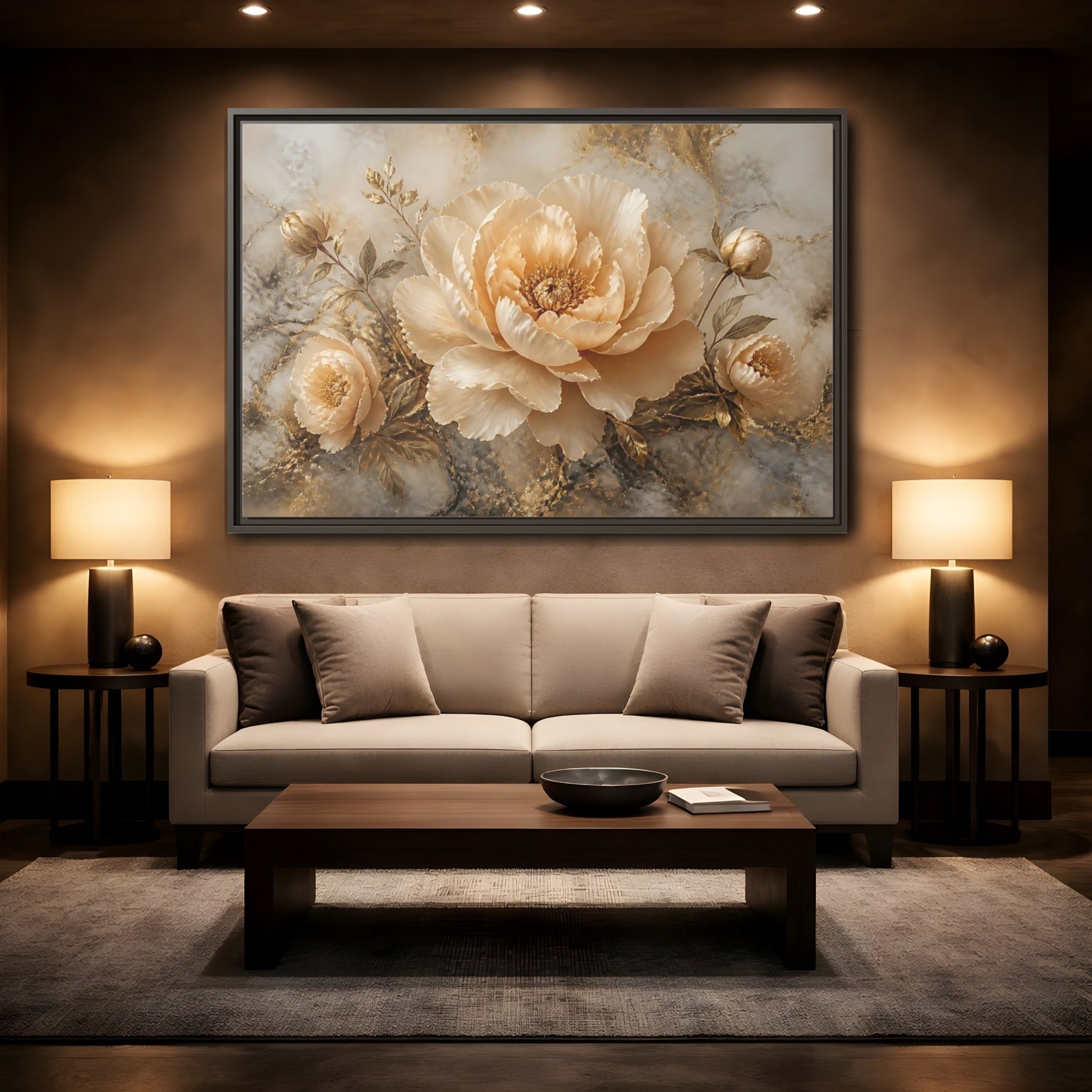Mockup 2. Champagne Peony Bloom shown as framed canvas print