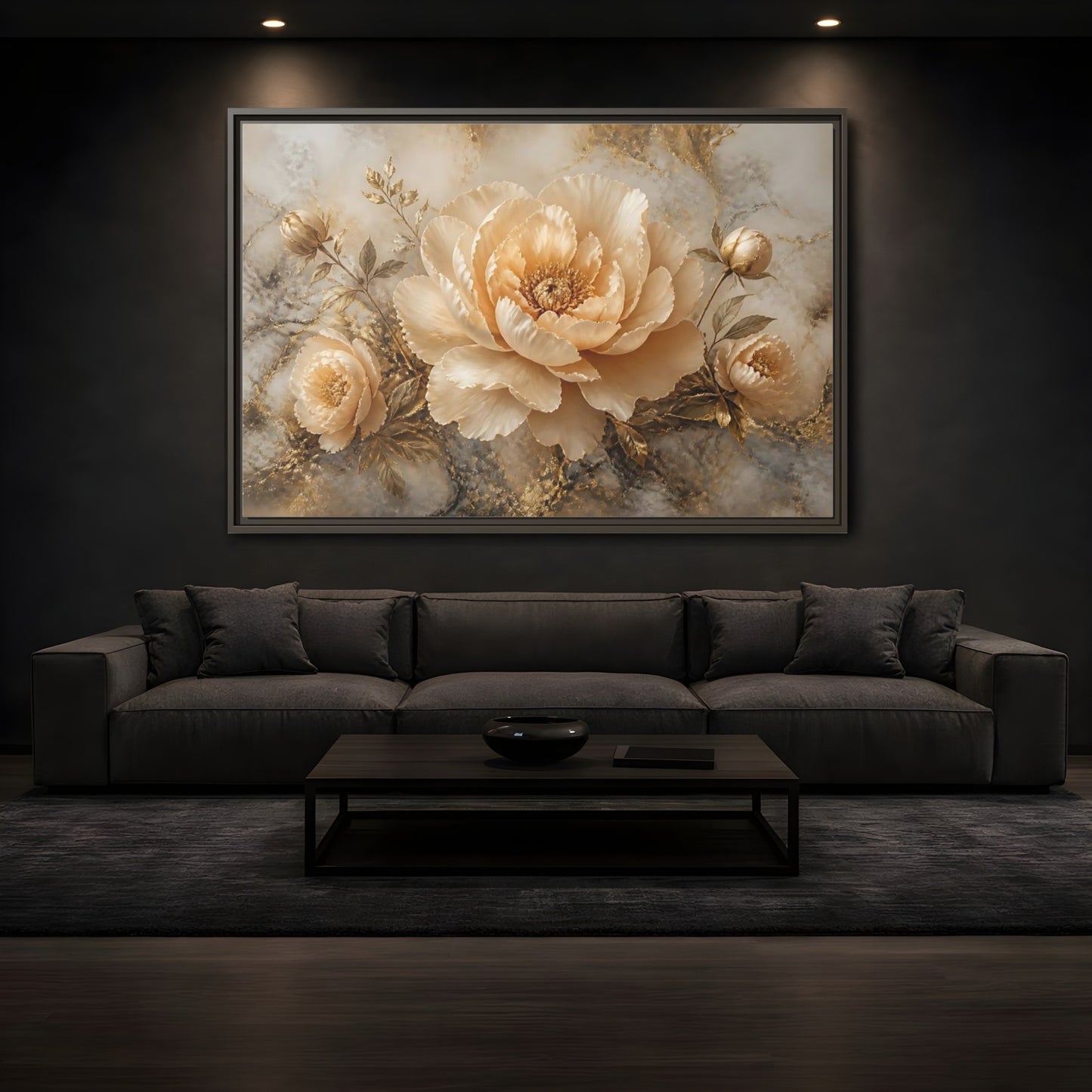 Mockup 3. Champagne Peony Bloom shown as framed canvas print
