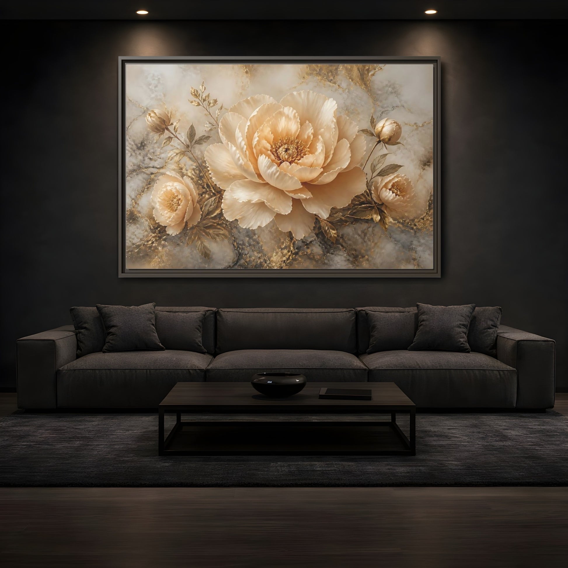 Mockup 3. Champagne Peony Bloom shown as framed canvas print
