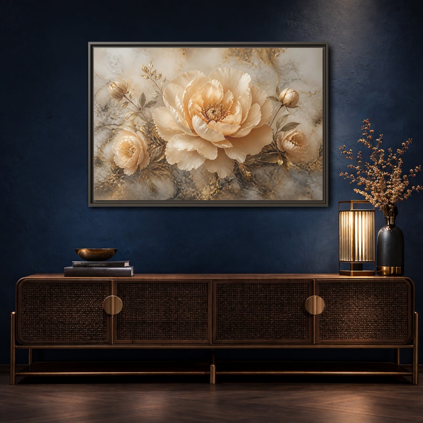 Mockup 4. Champagne Peony Bloom shown as framed canvas print