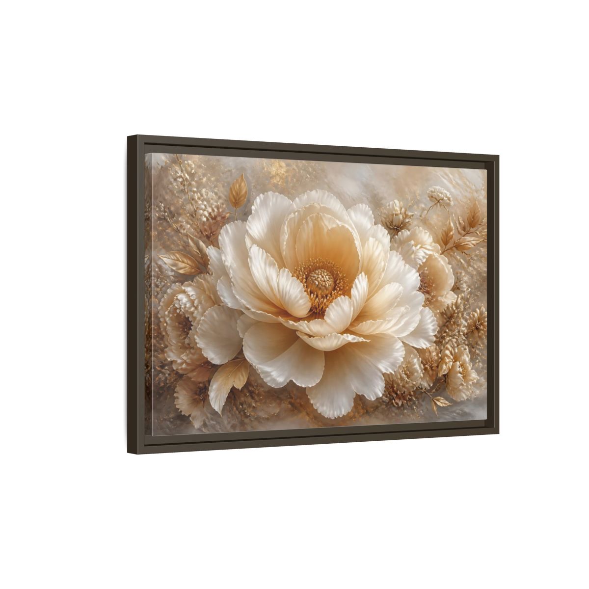Side Mockup 2. Champagne Peony Blossom shown as framed canvas print