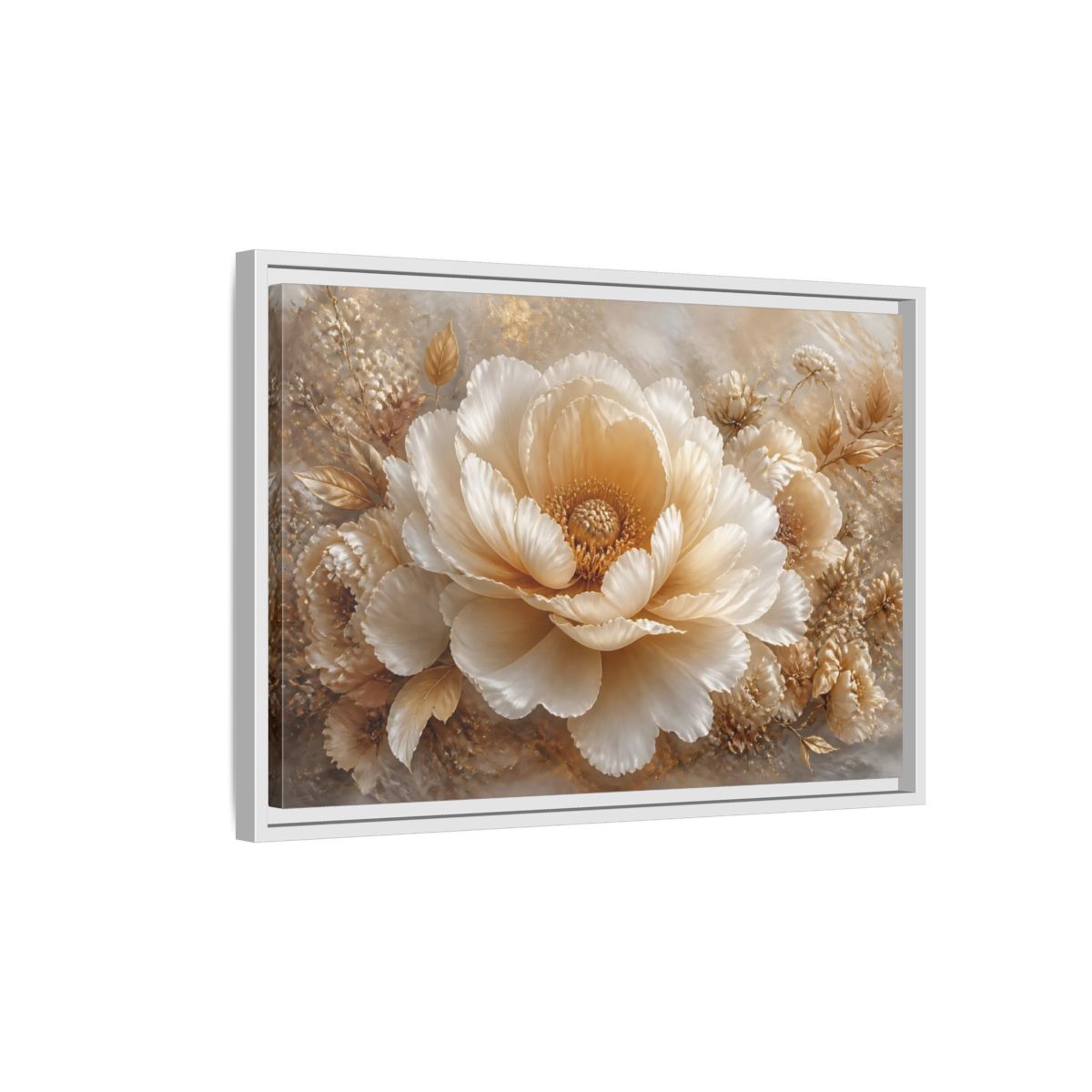 Side Mockup 1. Champagne Peony Blossom shown as framed canvas print