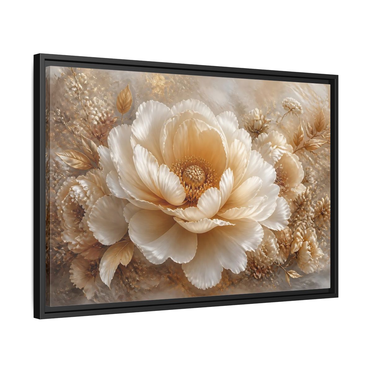 Side Mockup 14. Champagne Peony Blossom shown as framed canvas print
