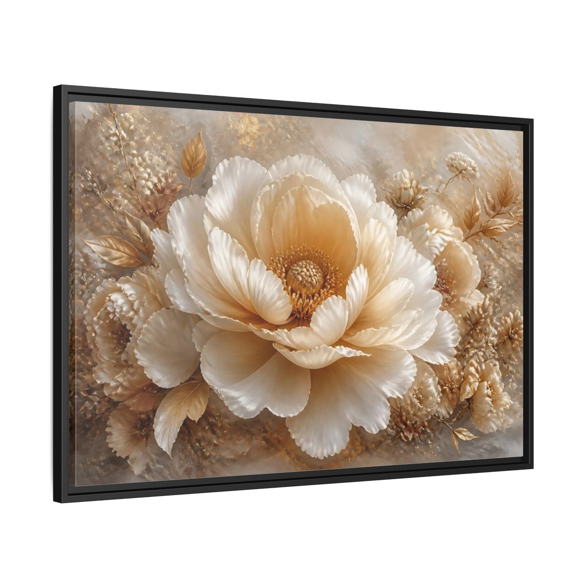 Side Mockup 13. Champagne Peony Blossom shown as framed canvas print