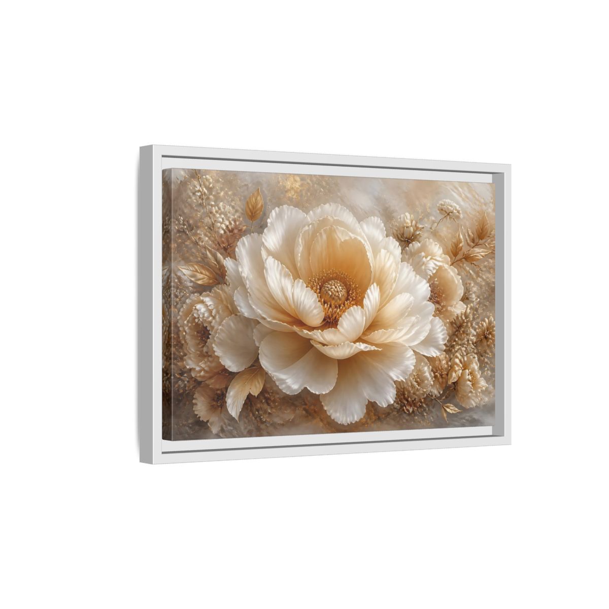 Side Mockup 4. Champagne Peony Blossom shown as framed canvas print
