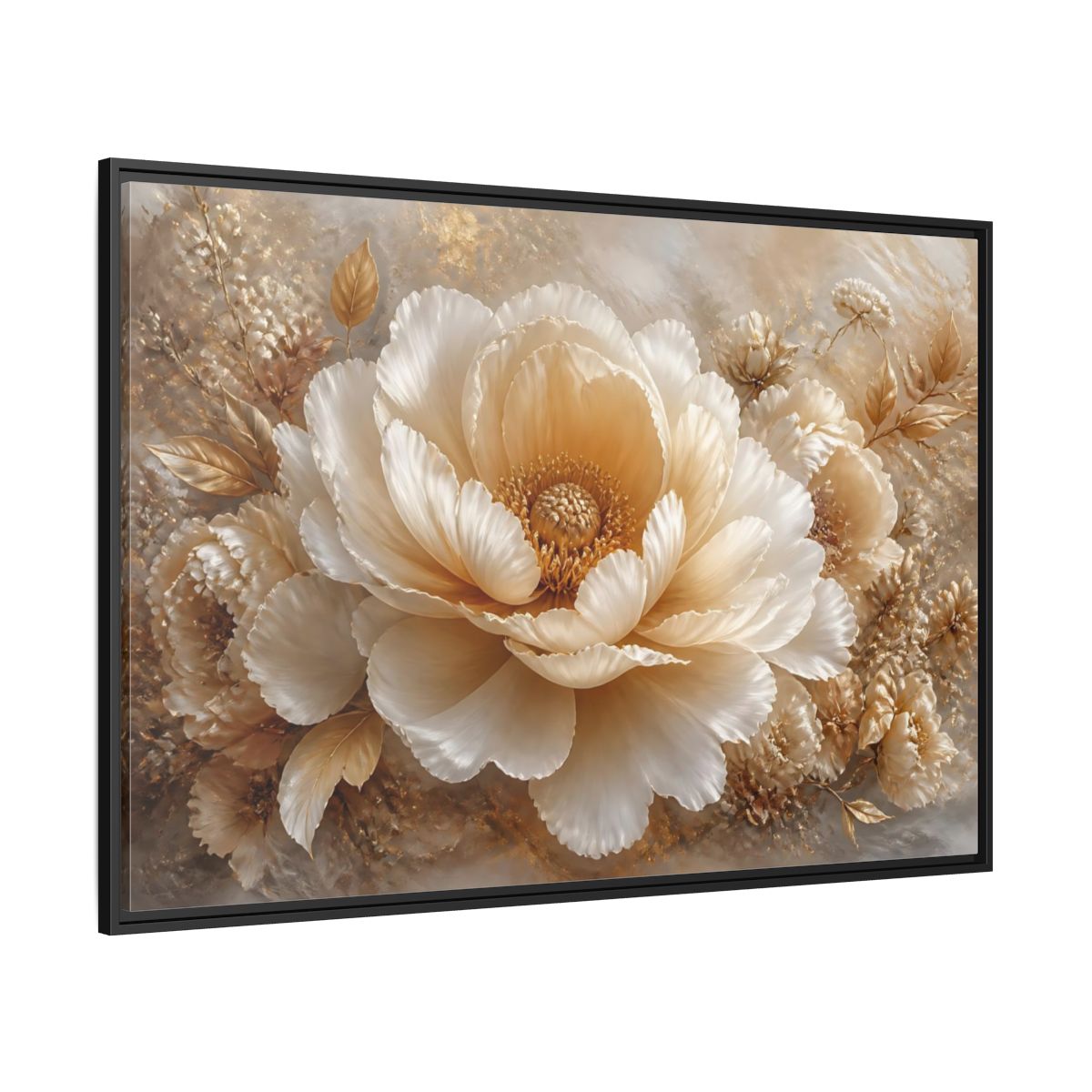 Side Mockup 12. Champagne Peony Blossom shown as framed canvas print