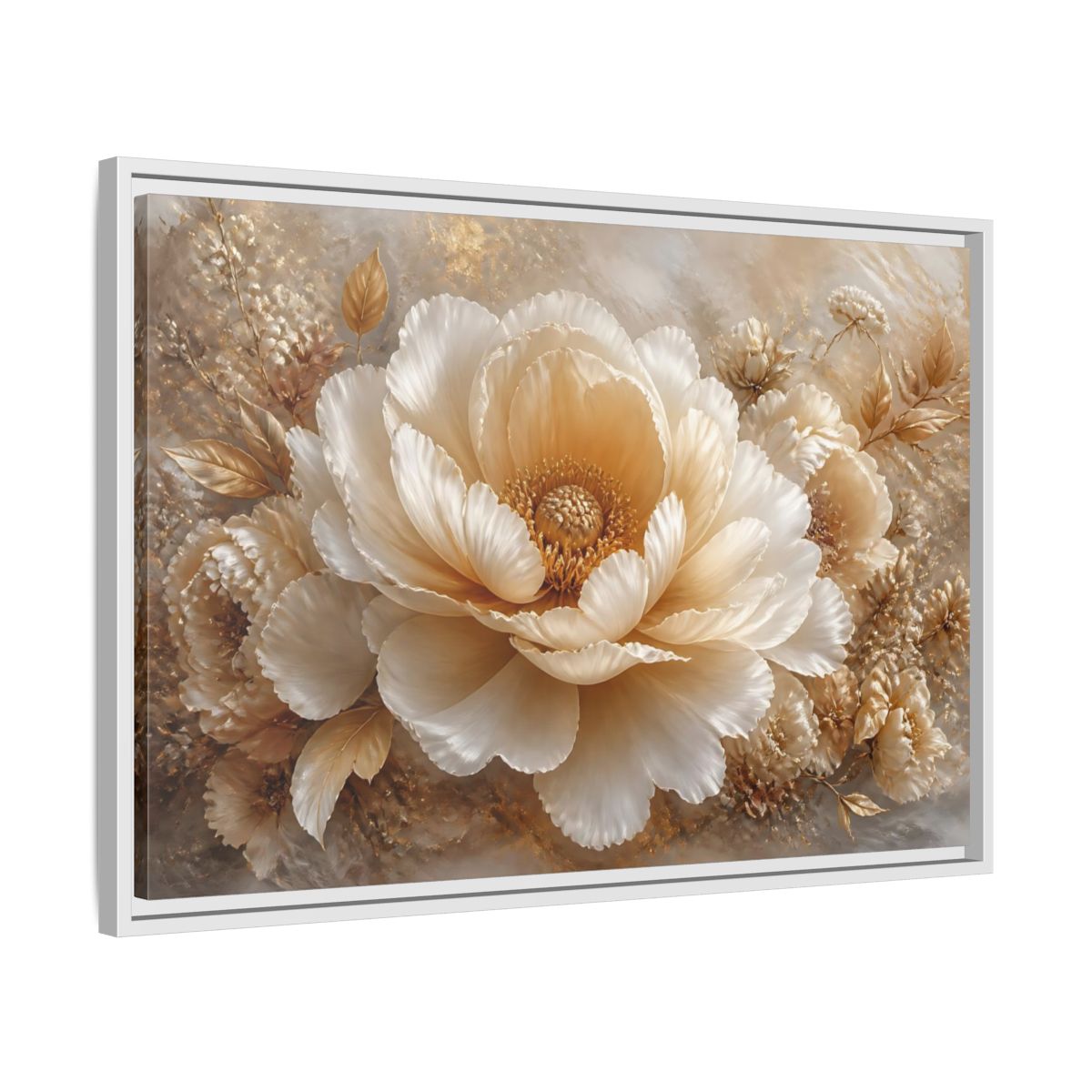 Side Mockup 10. Champagne Peony Blossom shown as framed canvas print