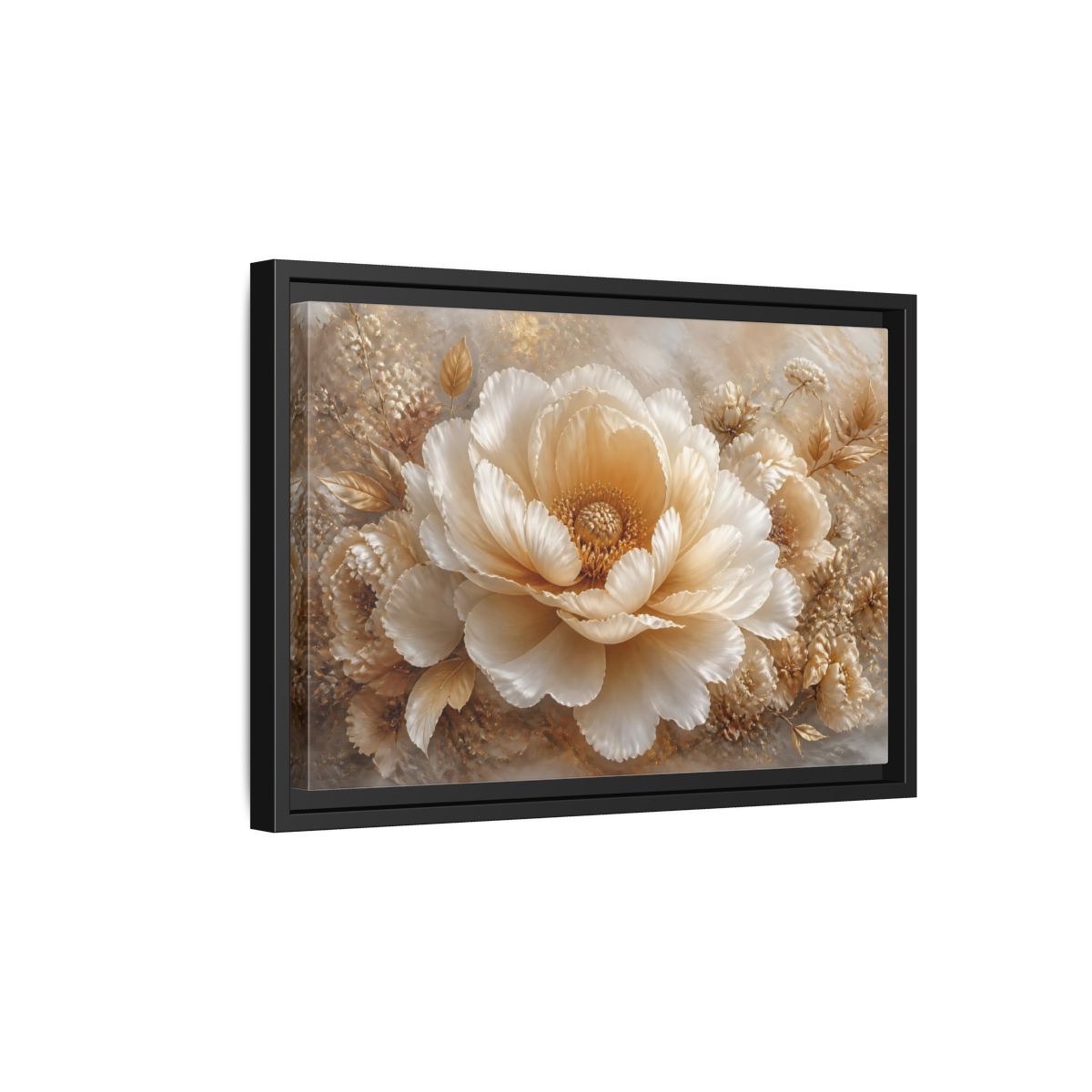 Side Mockup 6. Champagne Peony Blossom shown as framed canvas print