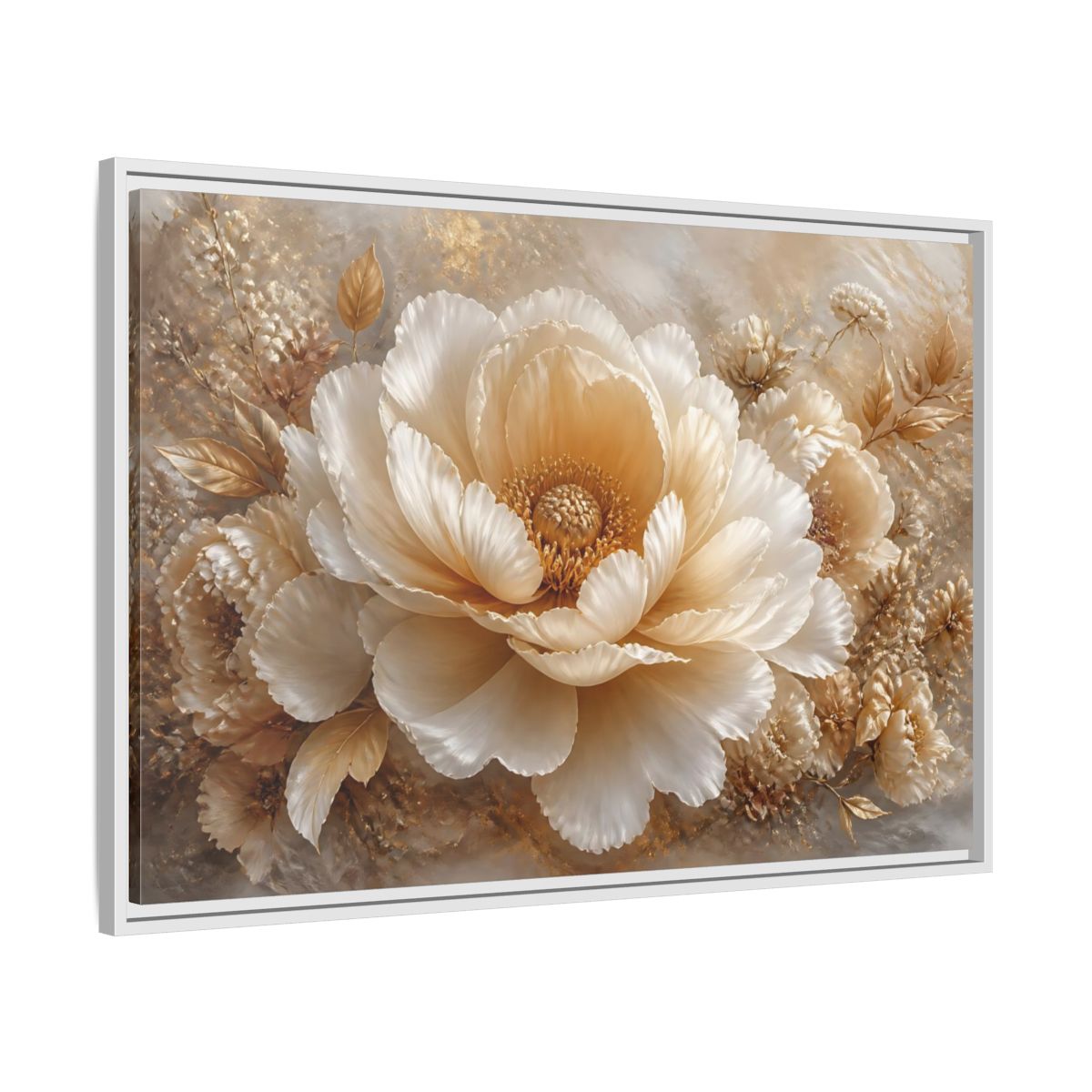 Side Mockup 9. Champagne Peony Blossom shown as framed canvas print