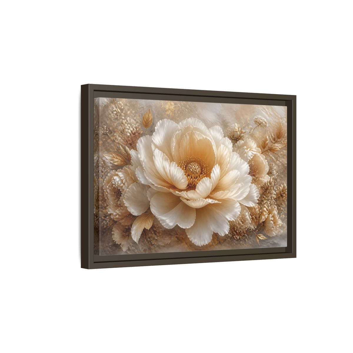 Side Mockup 5. Champagne Peony Blossom shown as framed canvas print