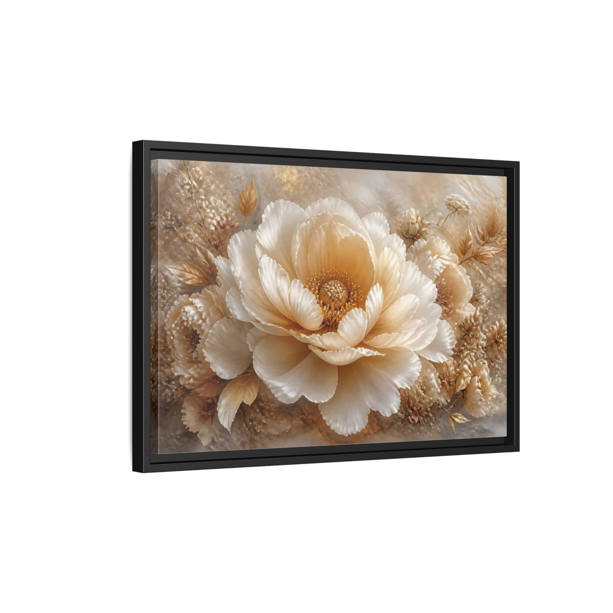 Side Mockup 3. Champagne Peony Blossom shown as framed canvas print