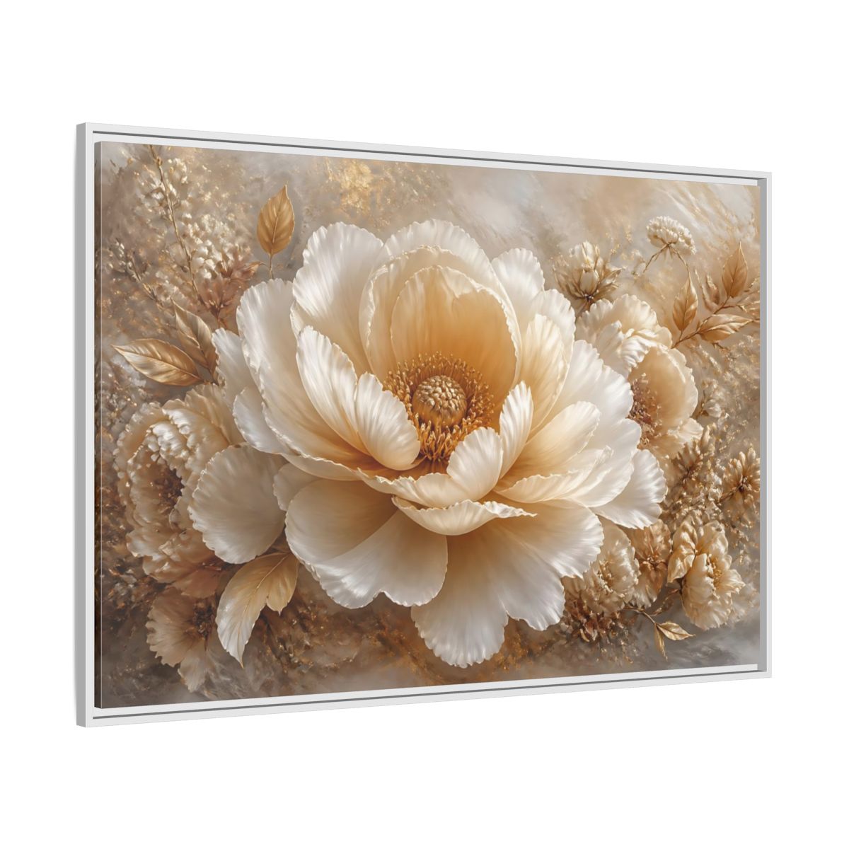 Side Mockup 7. Champagne Peony Blossom shown as framed canvas print