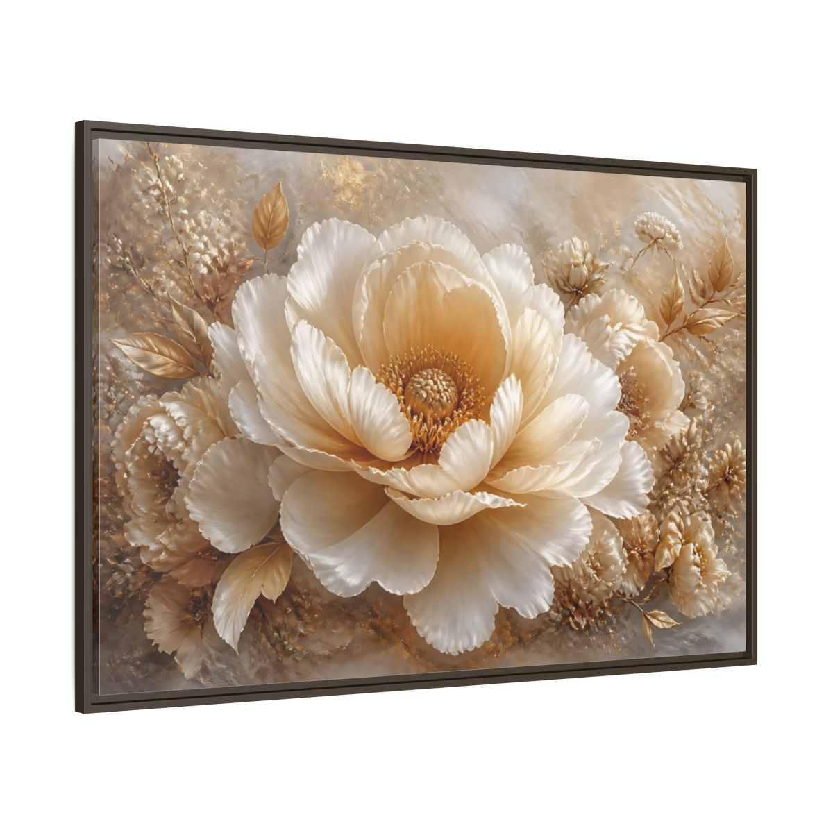 Side Mockup 8. Champagne Peony Blossom shown as framed canvas print