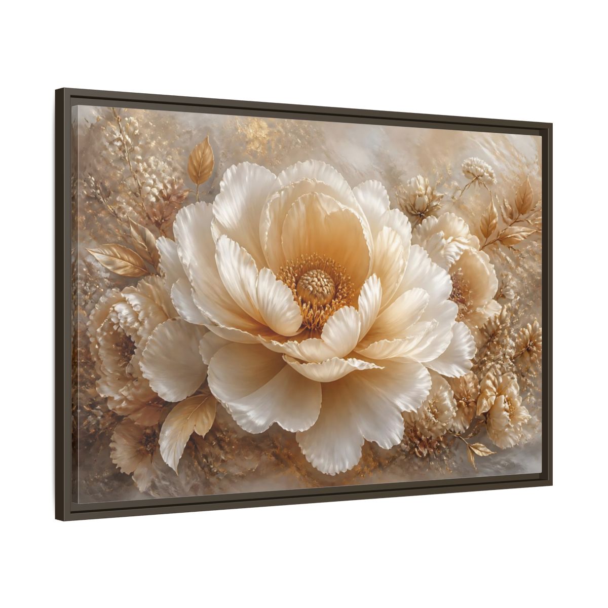 Main Mockup. Champagne Peony Blossom shown as framed canvas print