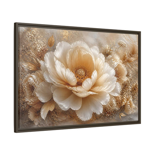 Main Mockup. Champagne Peony Blossom shown as framed canvas print
