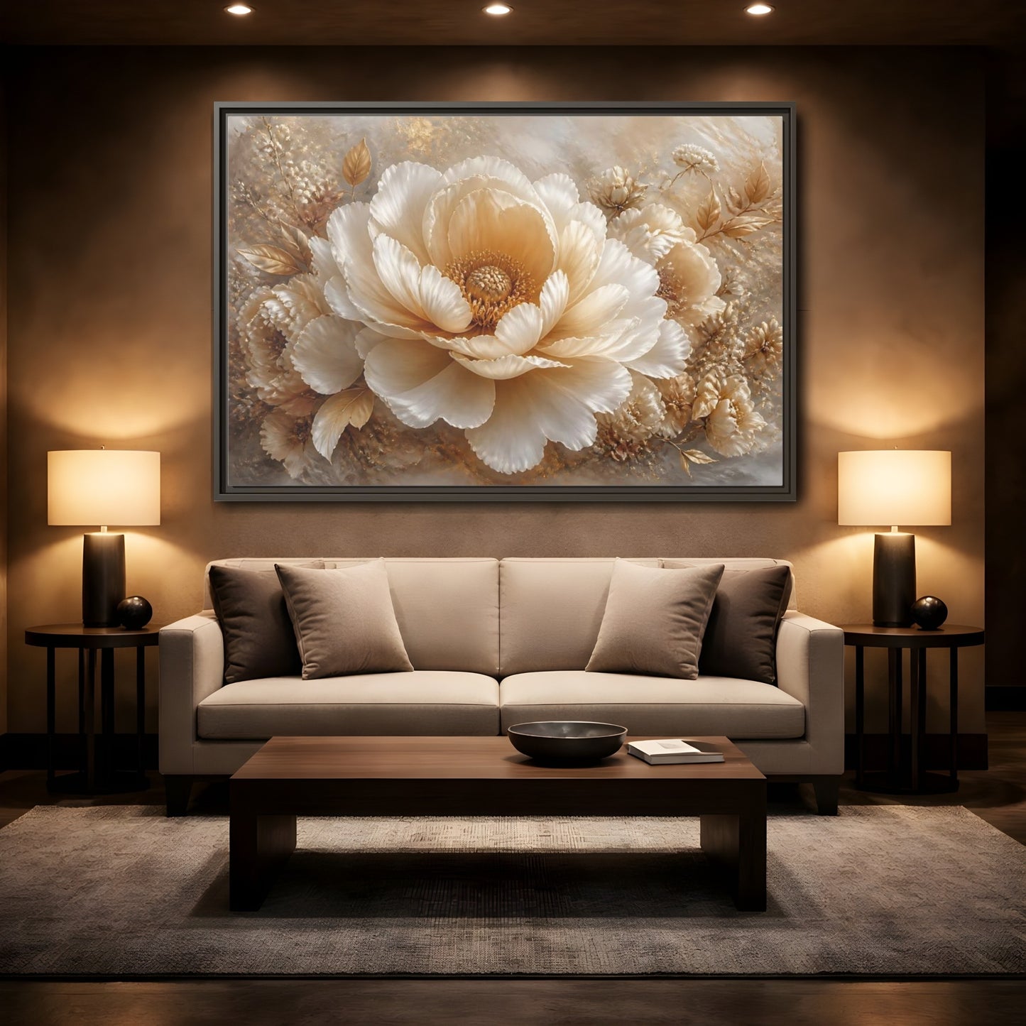 Mockup 2. Champagne Peony Blossom shown as framed canvas print