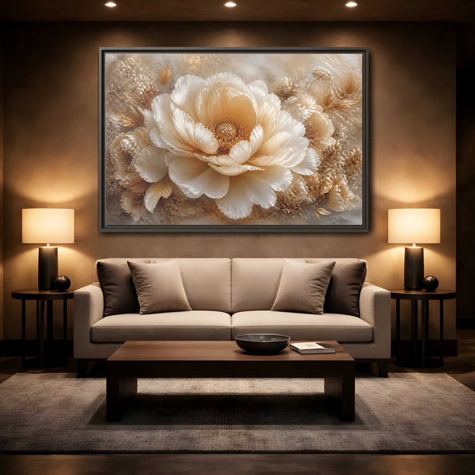 Mockup 2. Champagne Peony Blossom shown as framed canvas print