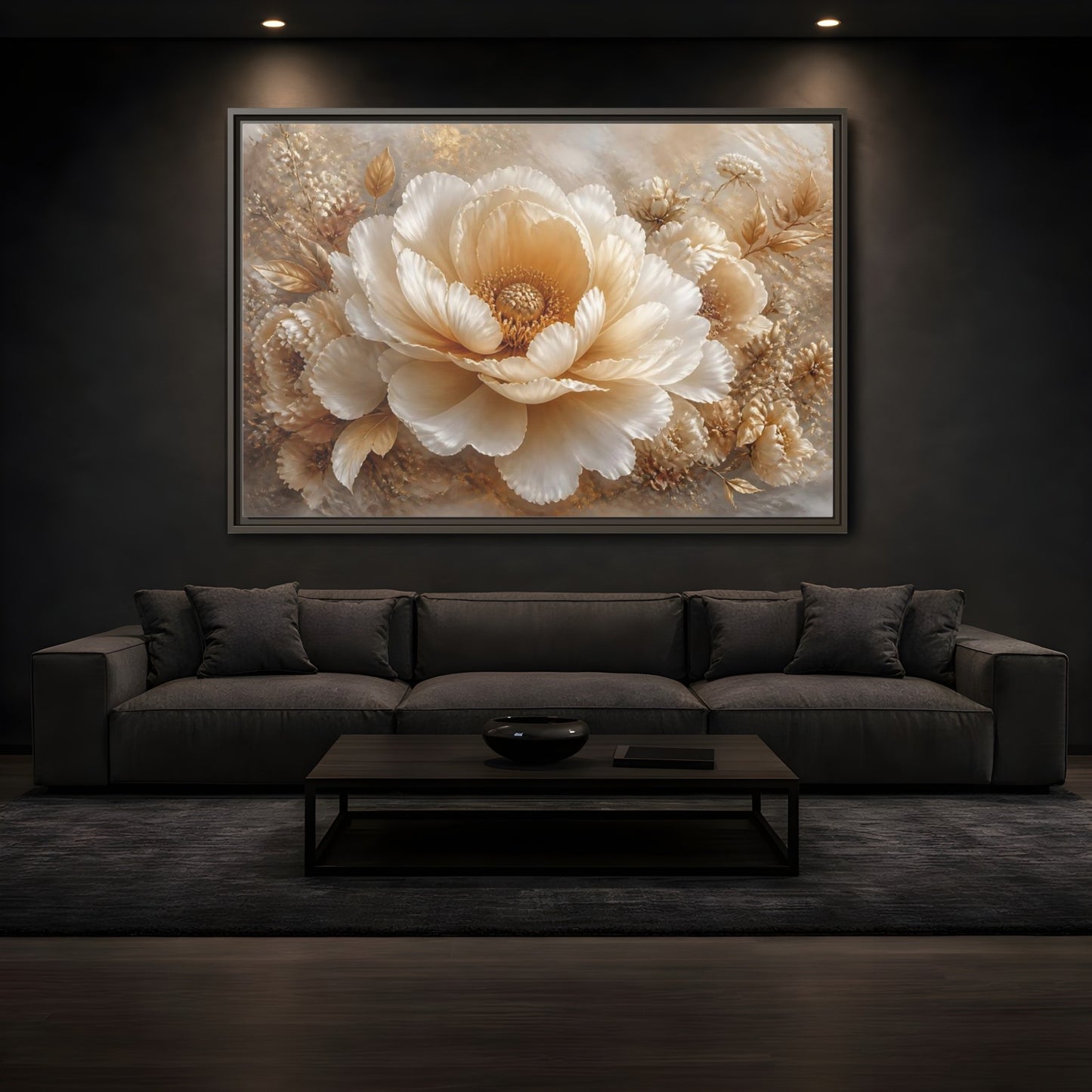 Mockup 3. Champagne Peony Blossom shown as framed canvas print