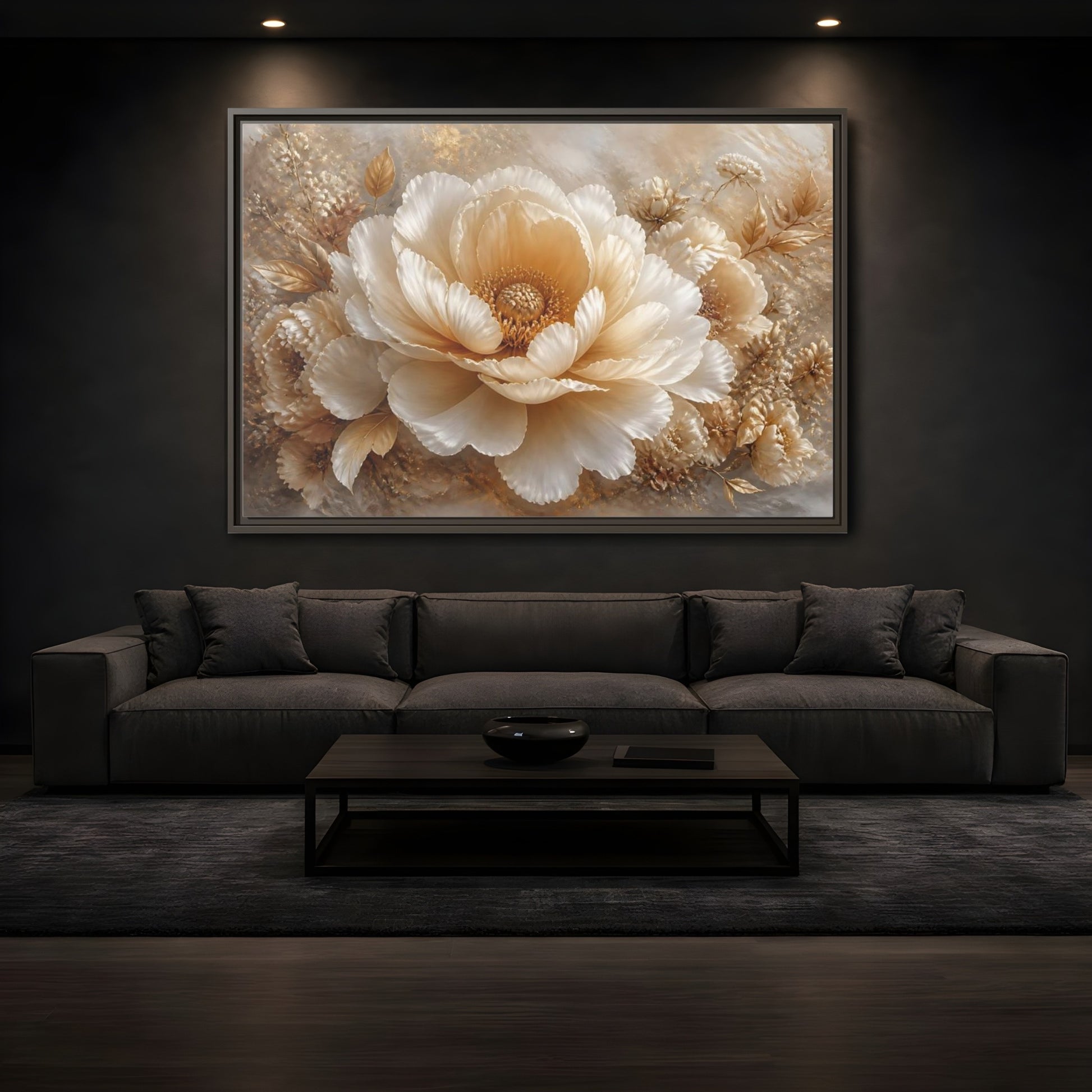 Mockup 3. Champagne Peony Blossom shown as framed canvas print