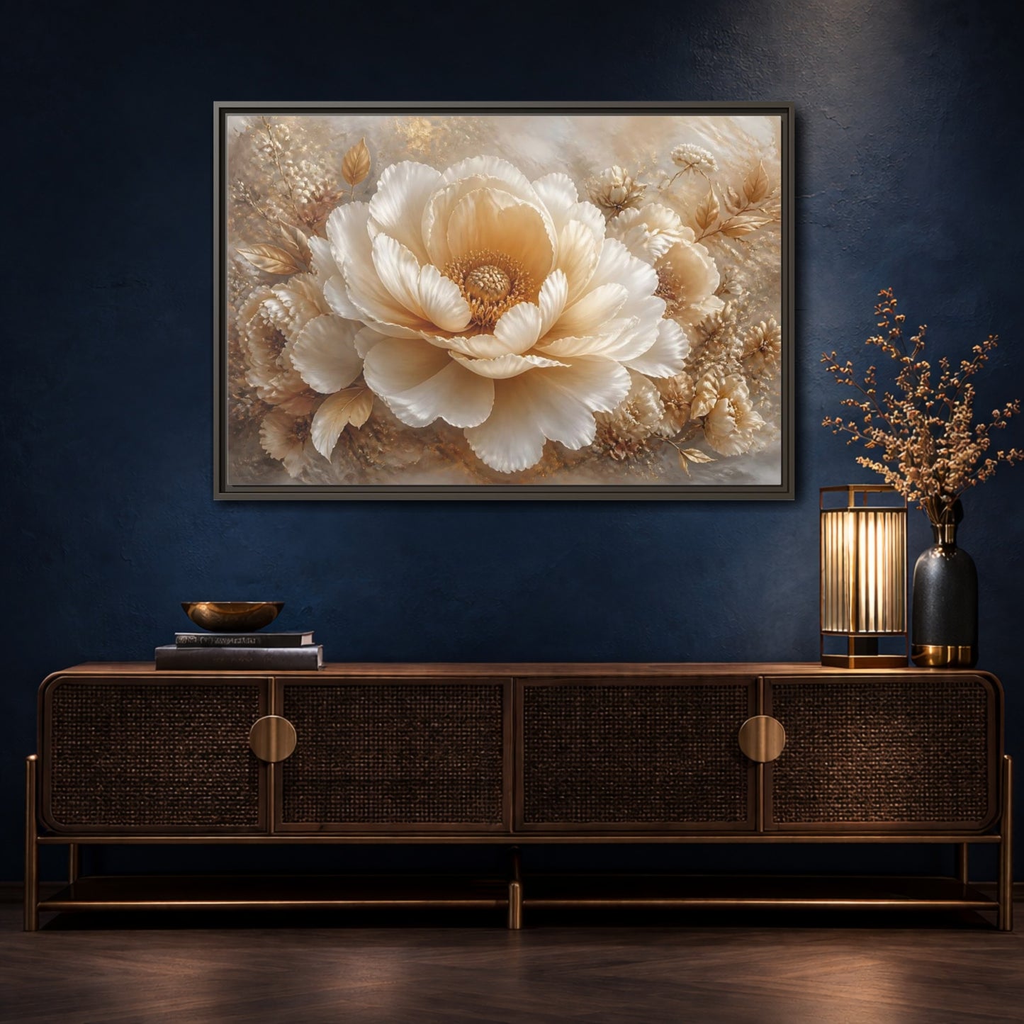 Mockup 4. Champagne Peony Blossom shown as framed canvas print