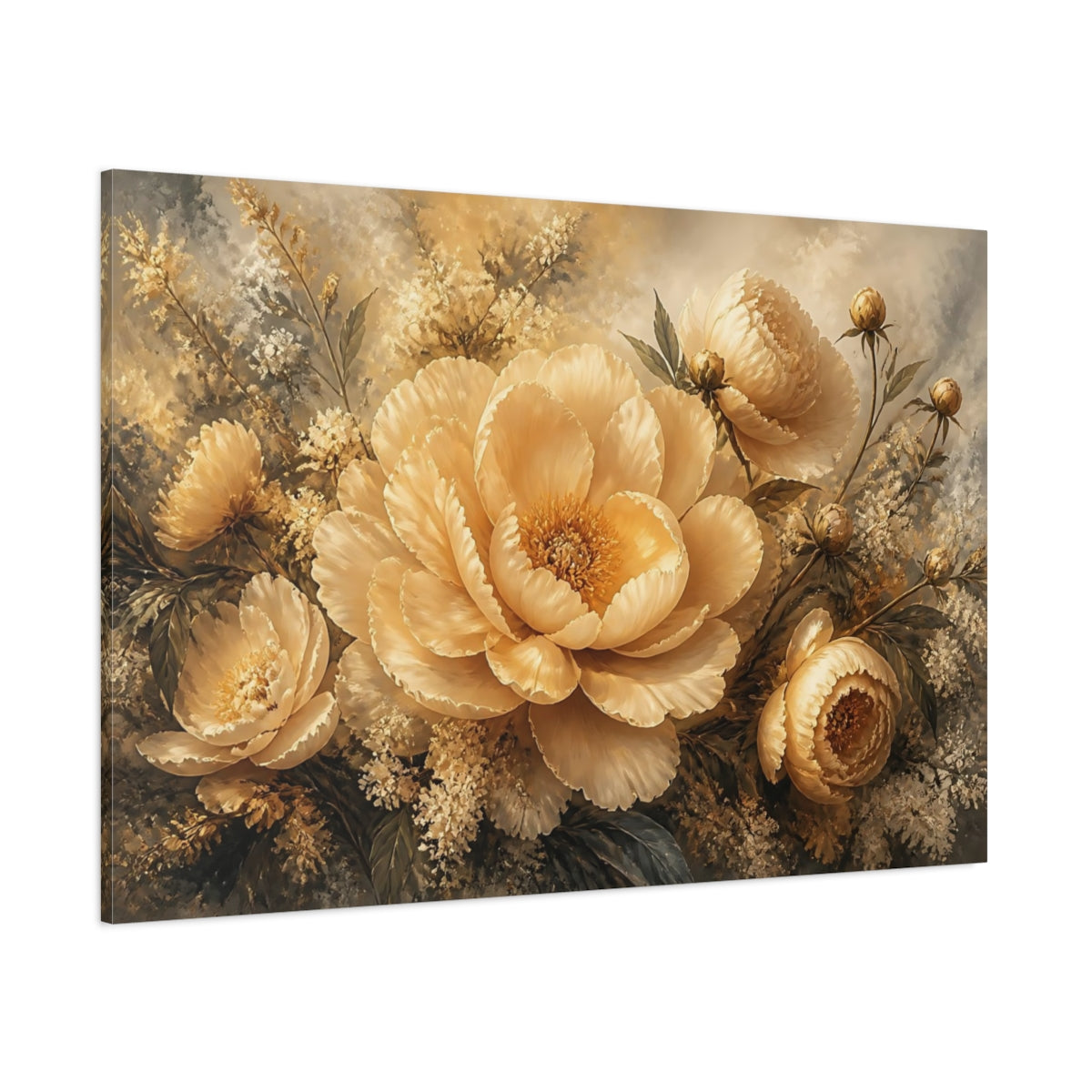 Side Mockup 1. Champagne Peony Bouquet shown as canvas print