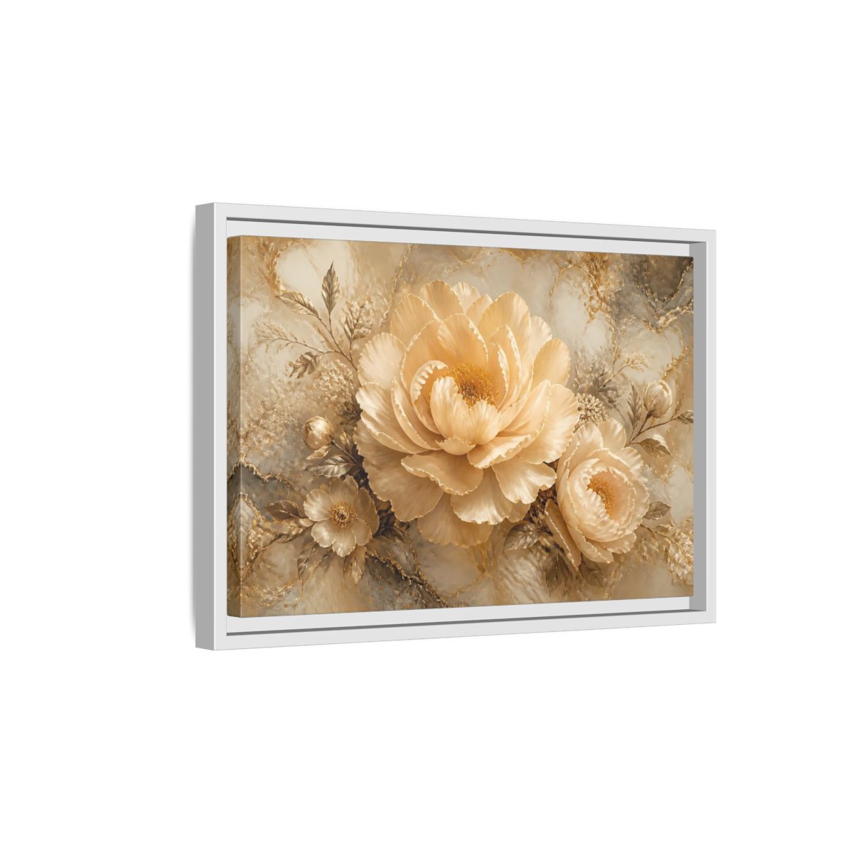 Side Mockup 4. Champagne Peony Elegance shown as framed canvas print