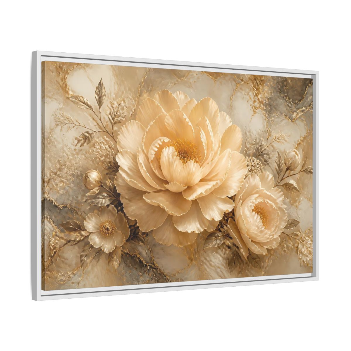 Side Mockup 9. Champagne Peony Elegance shown as framed canvas print