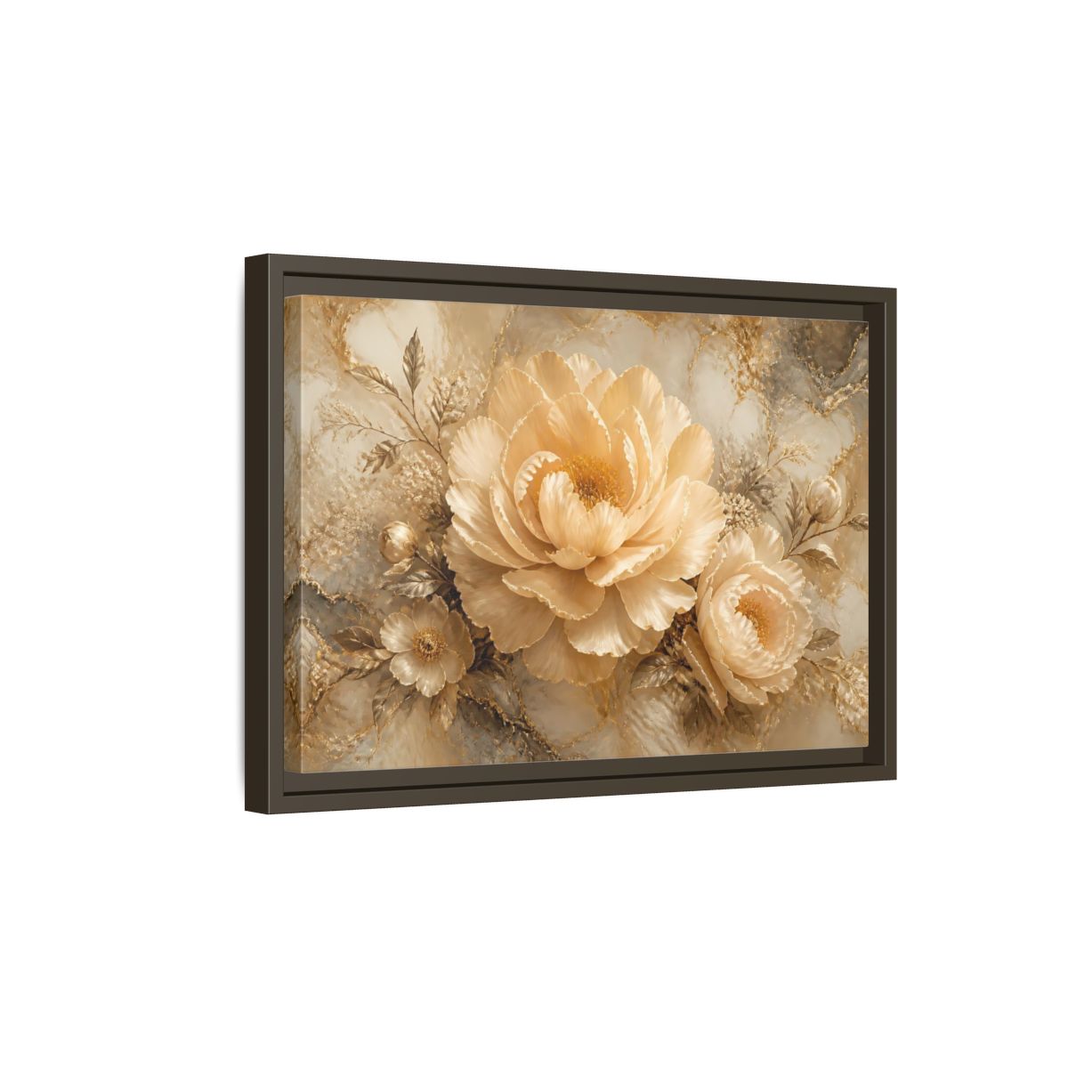 Side Mockup 5. Champagne Peony Elegance shown as framed canvas print