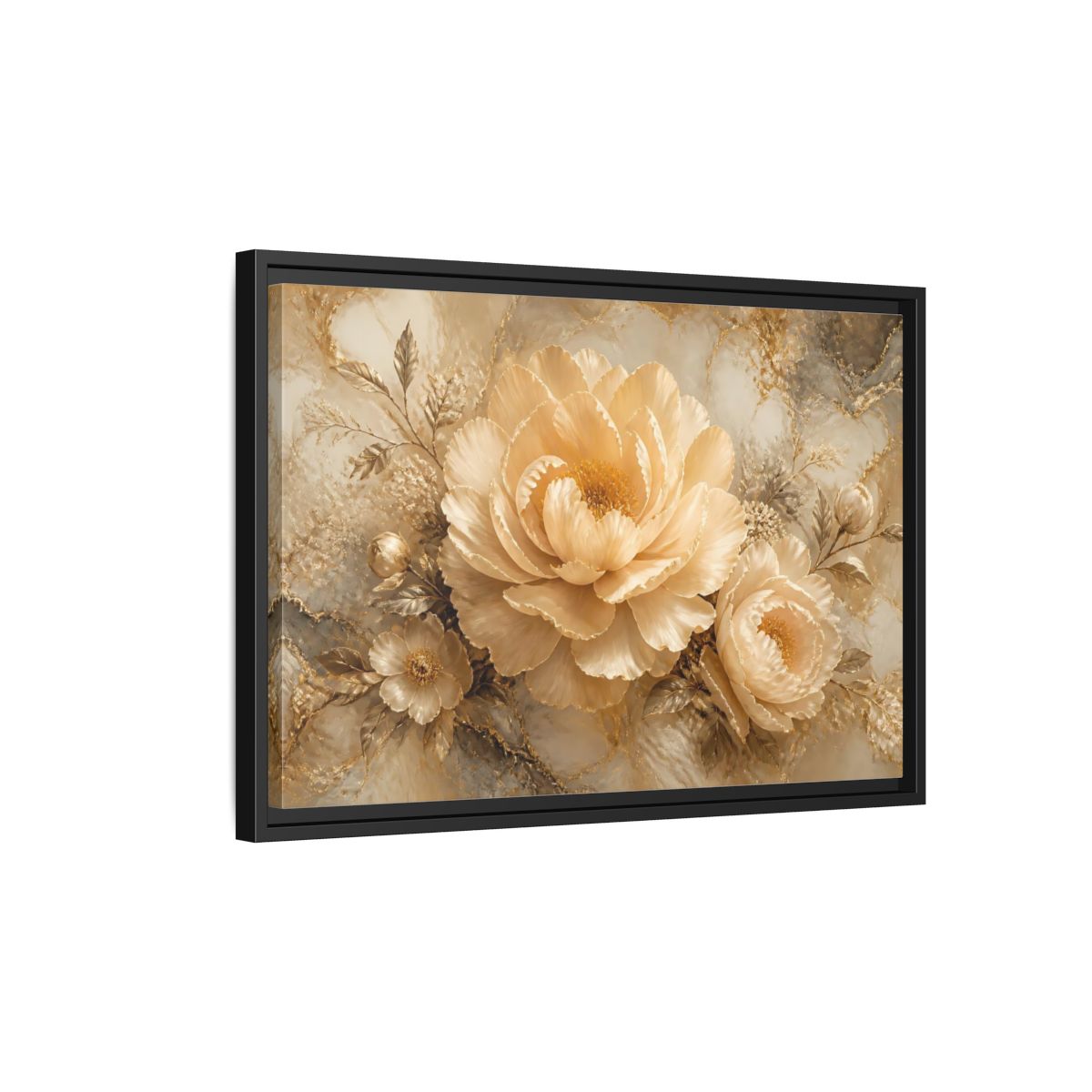 Side Mockup 3. Champagne Peony Elegance shown as framed canvas print