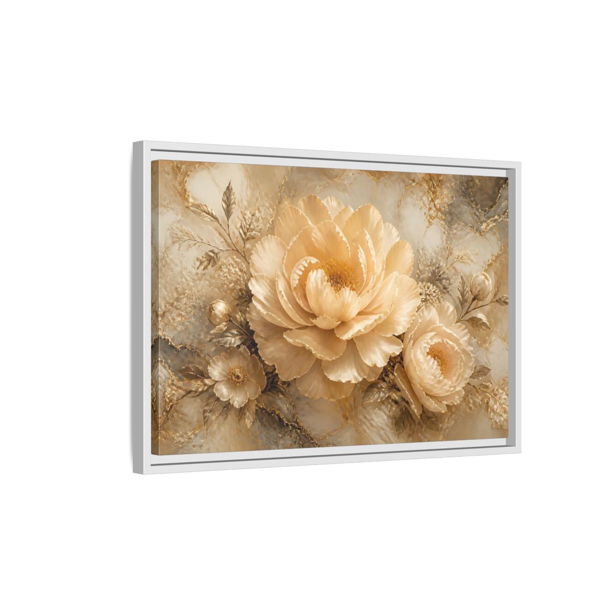 Side Mockup 1. Champagne Peony Elegance shown as framed canvas print