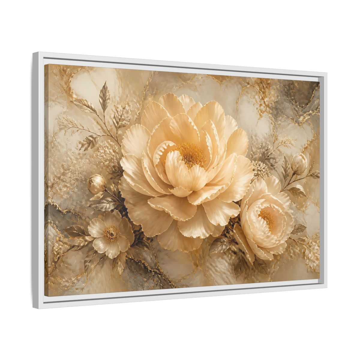 Side Mockup 10. Champagne Peony Elegance shown as framed canvas print