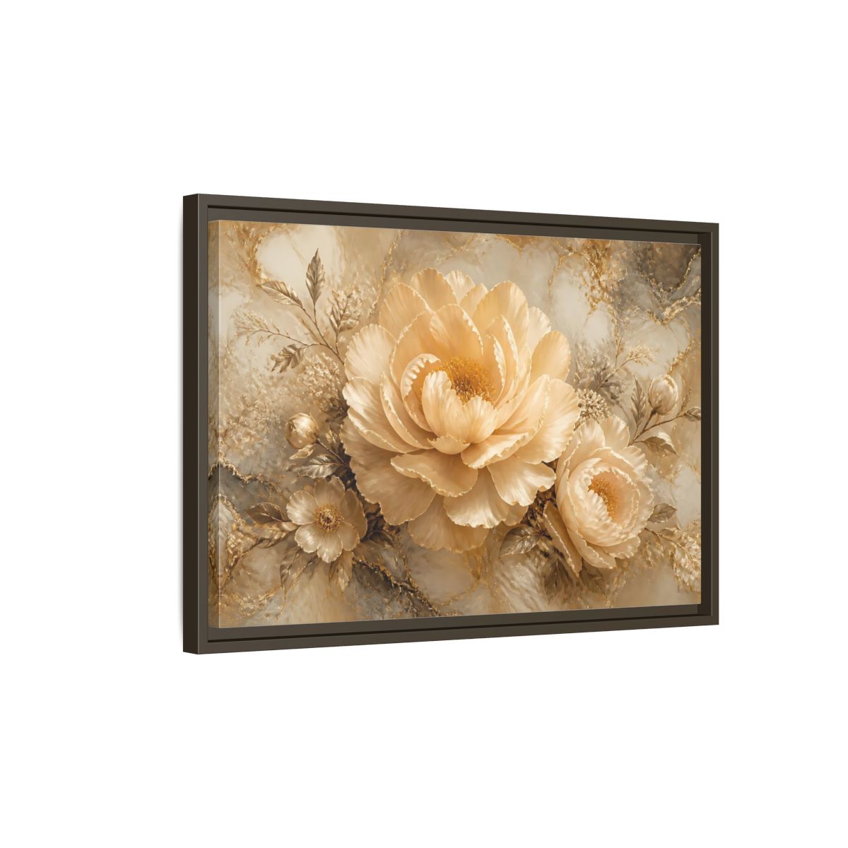 Side Mockup 2. Champagne Peony Elegance shown as framed canvas print