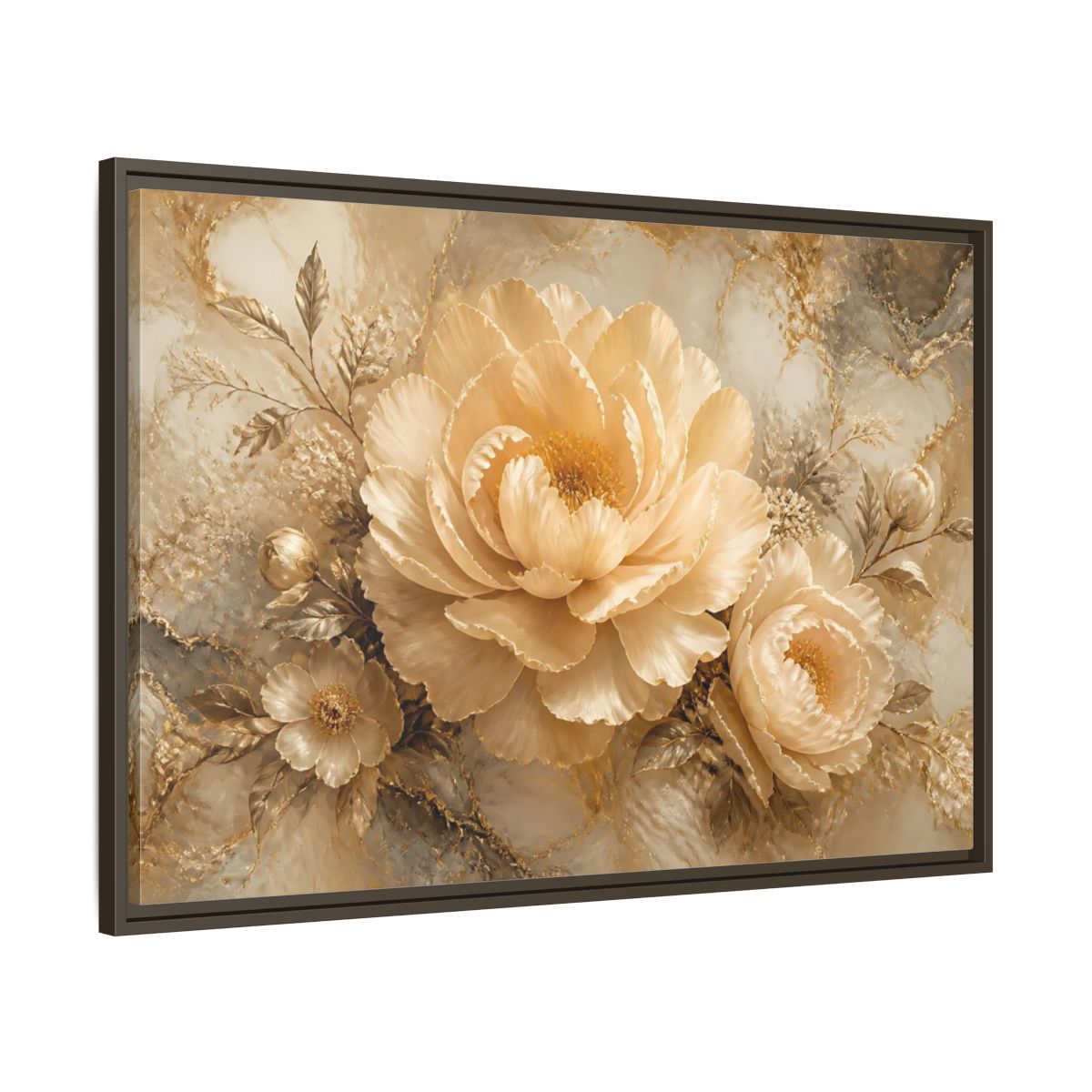 Main Mockup. Champagne Peony Elegance shown as framed canvas print